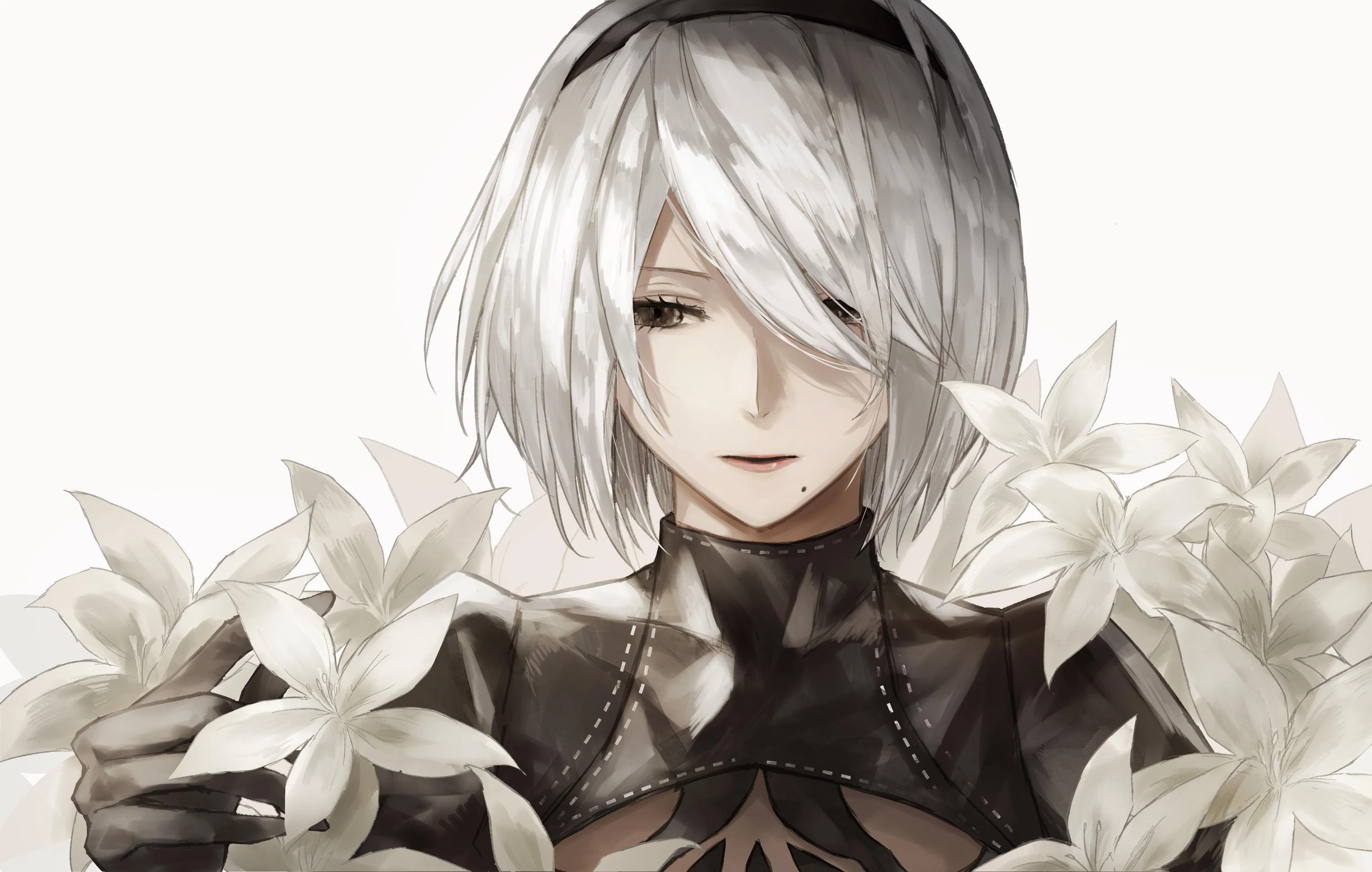 机械纪元 花朵 白色 绘图 4K壁纸