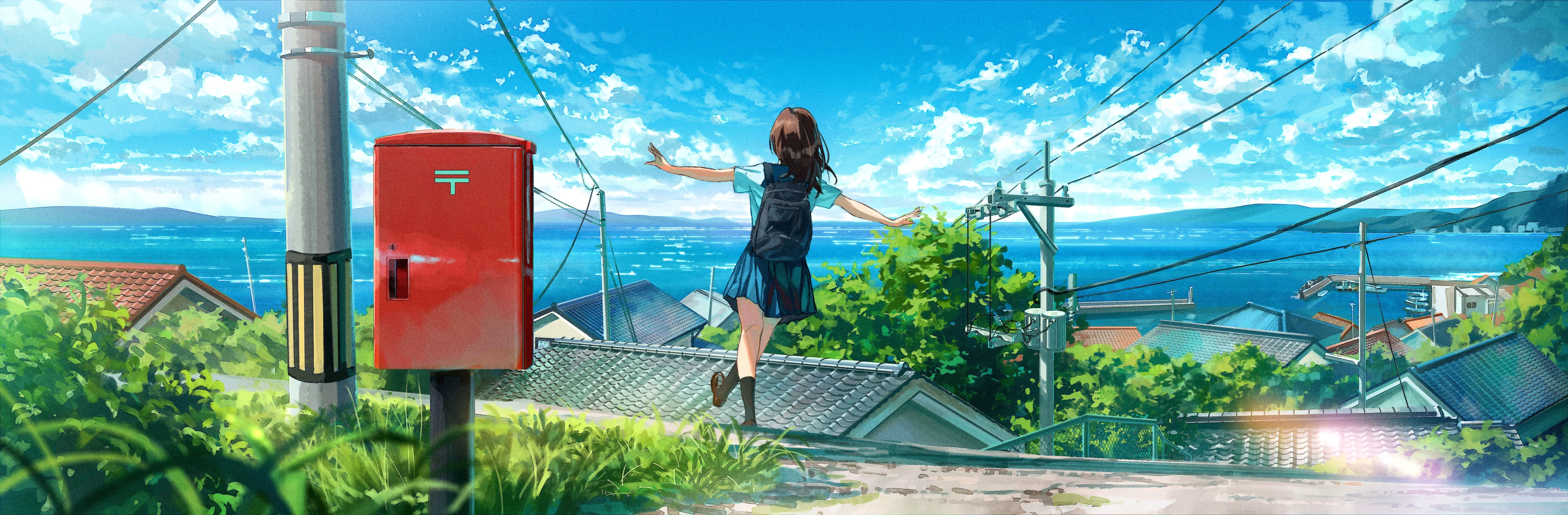 女学生 动漫 女孩 校服 云 水 天空 村庄 电线 草 4K壁纸