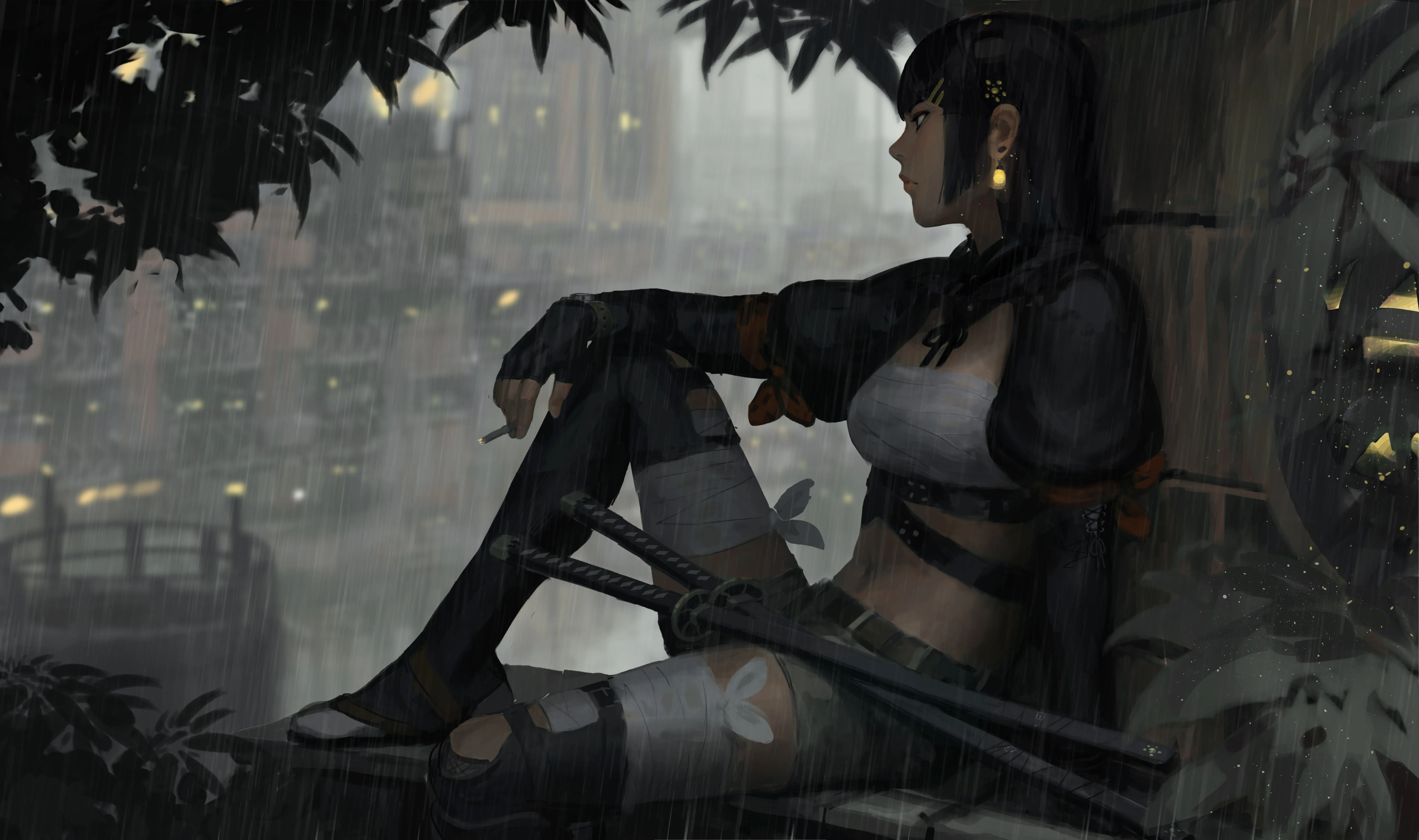原创 人物 女人 虚构人物 奇幻 女孩 素描 雨 香烟 概念艺术 4K壁纸