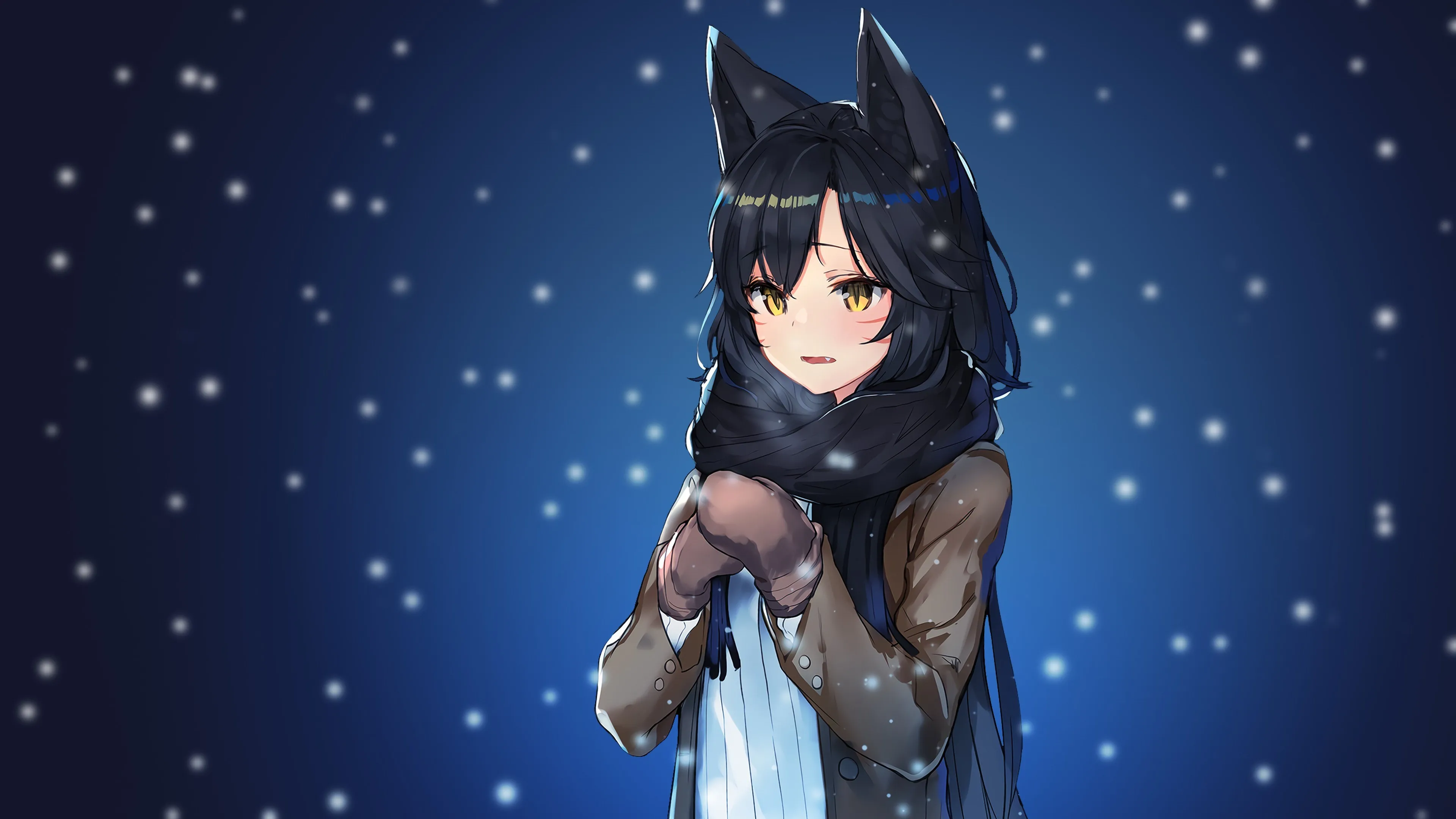英雄联盟 长发 动漫 少女 雪 兽耳 黑发 黄眼睛 4K壁纸
