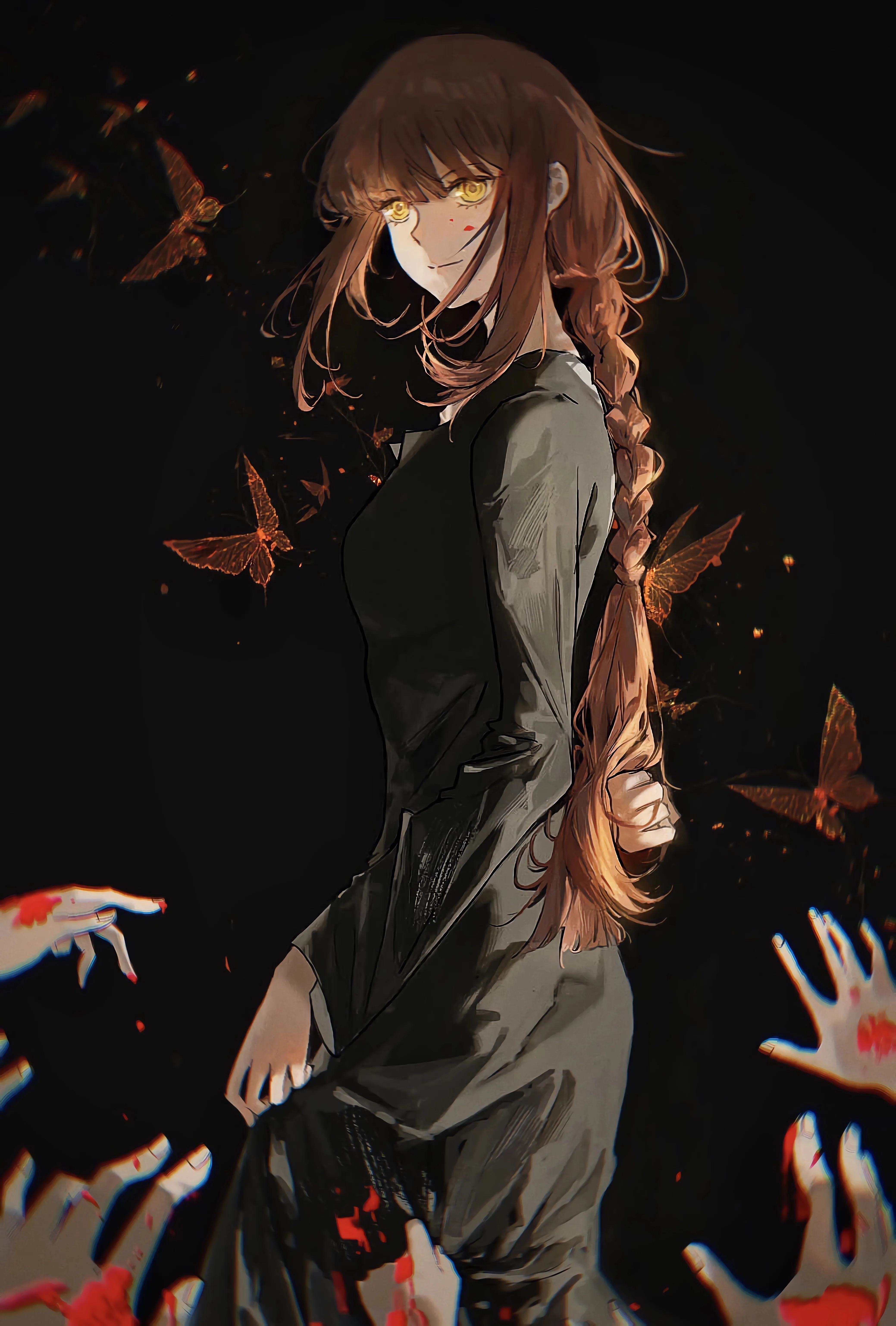 长发 红发 辫子 手 动漫 电锯人 女孩 黄眼睛 蝴蝶 极简主义 黑色背景 简单背景 手机壁纸 4K壁纸