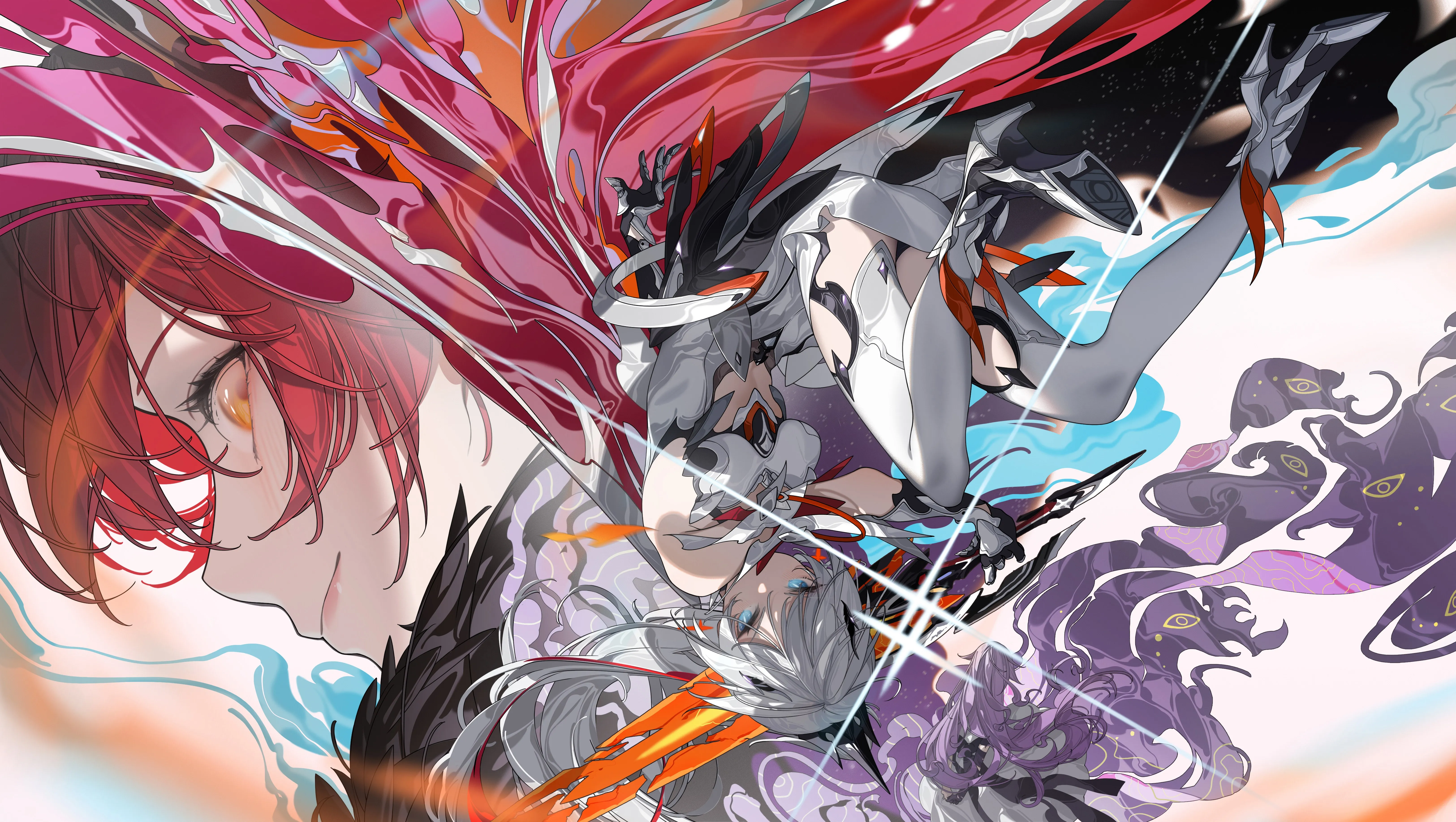 脸 红头发 橙色眼睛 白发 蓝眼睛 小松 动漫 女孩 特写 原神 4K壁纸