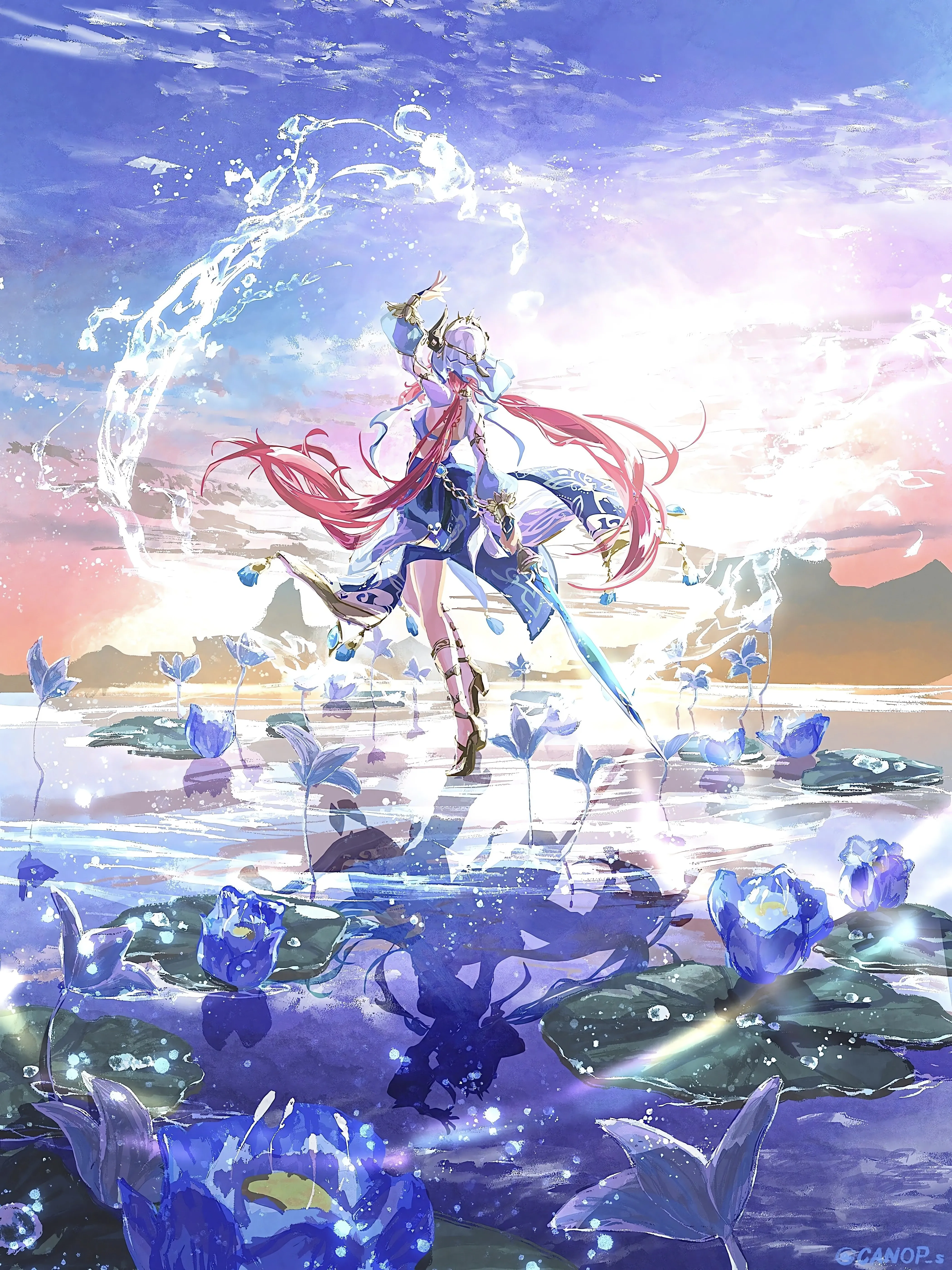 长发 红发 动漫 女孩 水 鲜花 倒影 水滴 天空 睡莲 武器 双尾 手机壁纸 4K壁纸