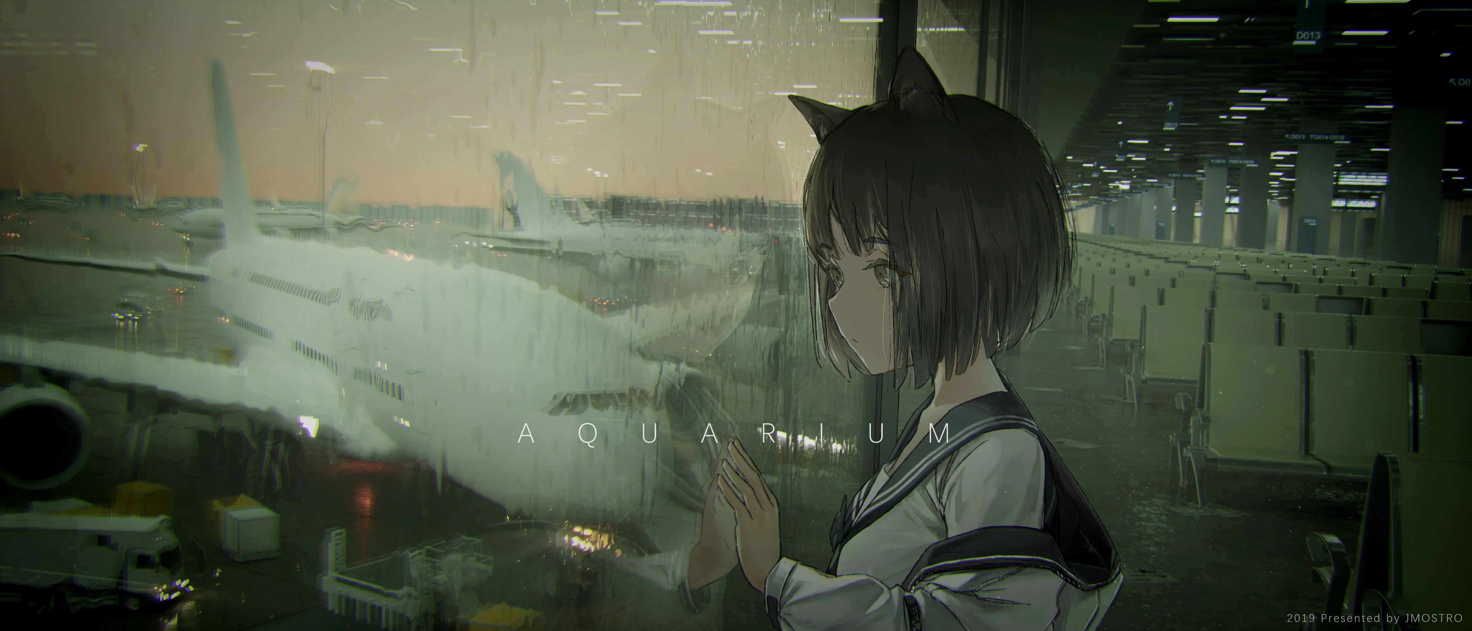 动漫 女孩 雨 猫耳朵 机场 玻璃 眺望 4K壁纸