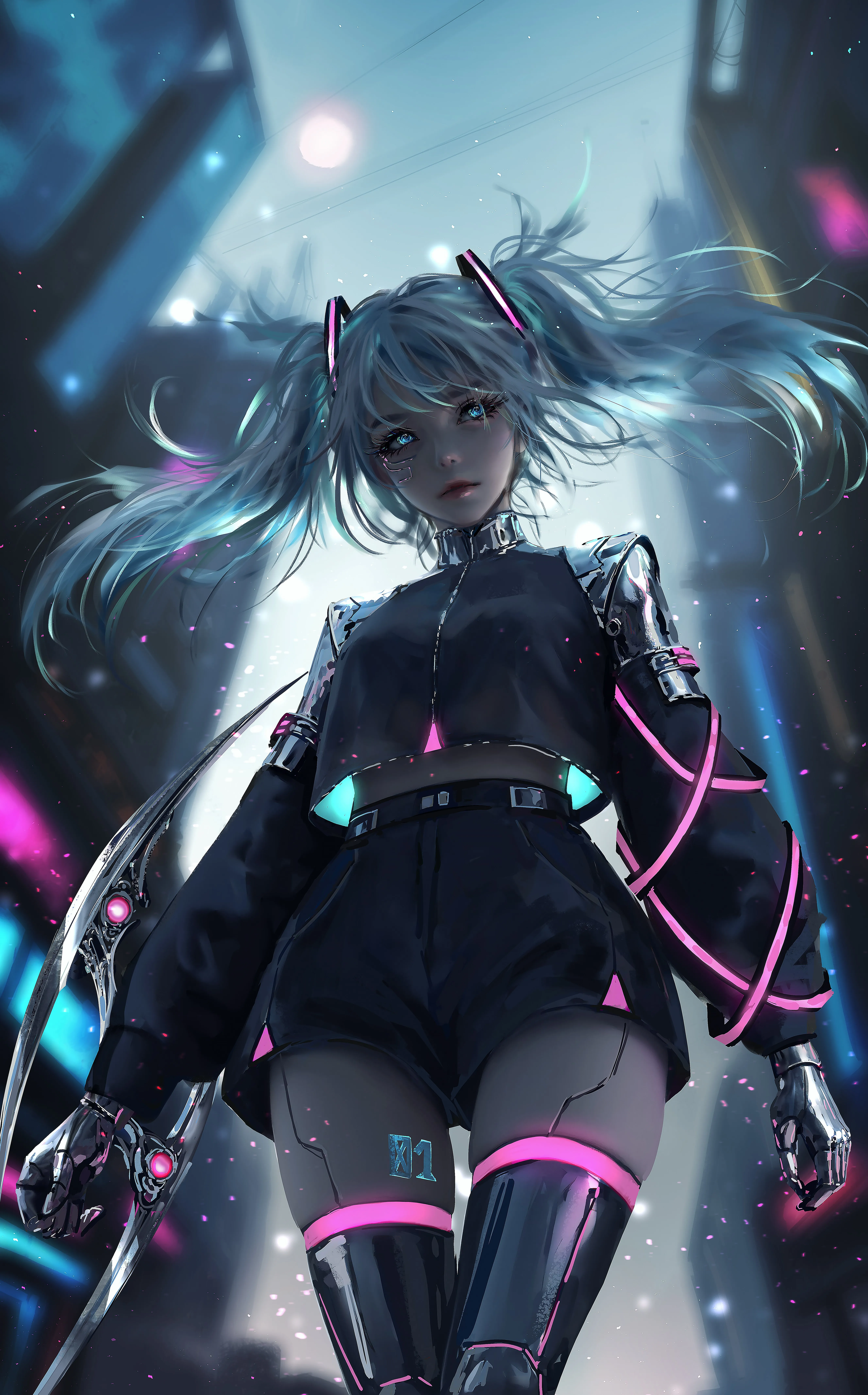 Nieu 女人 长发 蓝头发 数字艺术 艺术品 插图 数字 绘画 初音未来 动漫 女孩 肖像 模糊背景 手机壁纸 4K壁纸