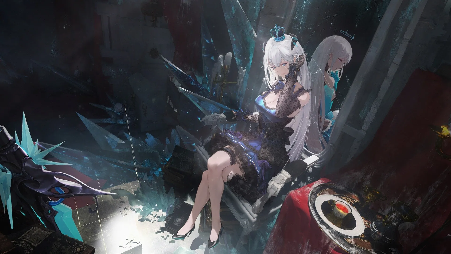 长发 蓝眼睛 白发 动漫 动漫女孩 镜子 倒影 高跟鞋 皇冠 幻想塔 梅丽尔 幻想塔