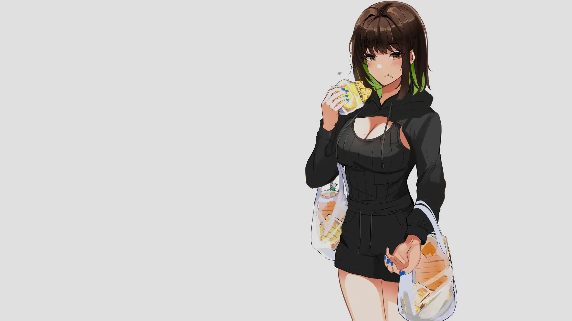 奥米勒 深色头发 染发 食品 包 毛衣 吃 动漫女孩吃 动漫女孩 短裤 极简主义 简单背景 塑料