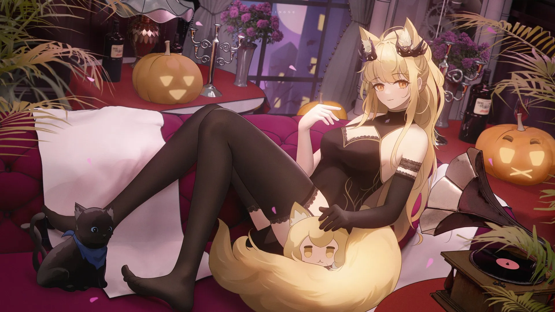 狐狸耳朵 狐耳 狐狸尾巴 狐尾 金发女郎 明日方舟 动漫女孩 狐狸女孩 狐女 南瓜 长袜 猫 蜡烛 鲜花 