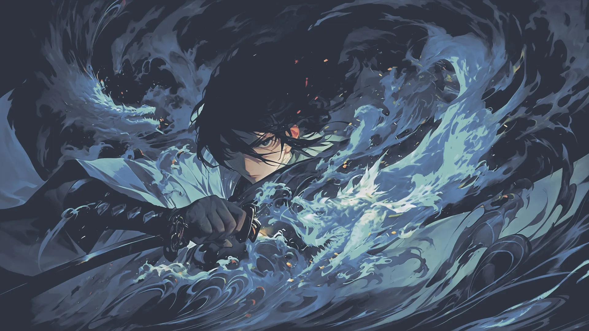 看观众 短发 剑 奇幻战士 水 动漫男孩 武器 龙 生物 皱眉 艺术