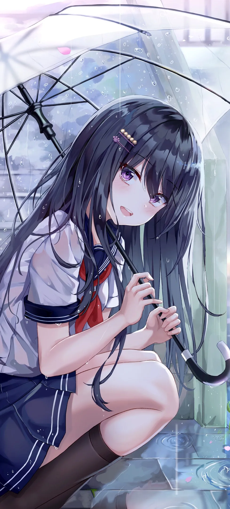 黑发 长发 动漫 动漫女孩 雨 雨伞 校服 紫色眼睛