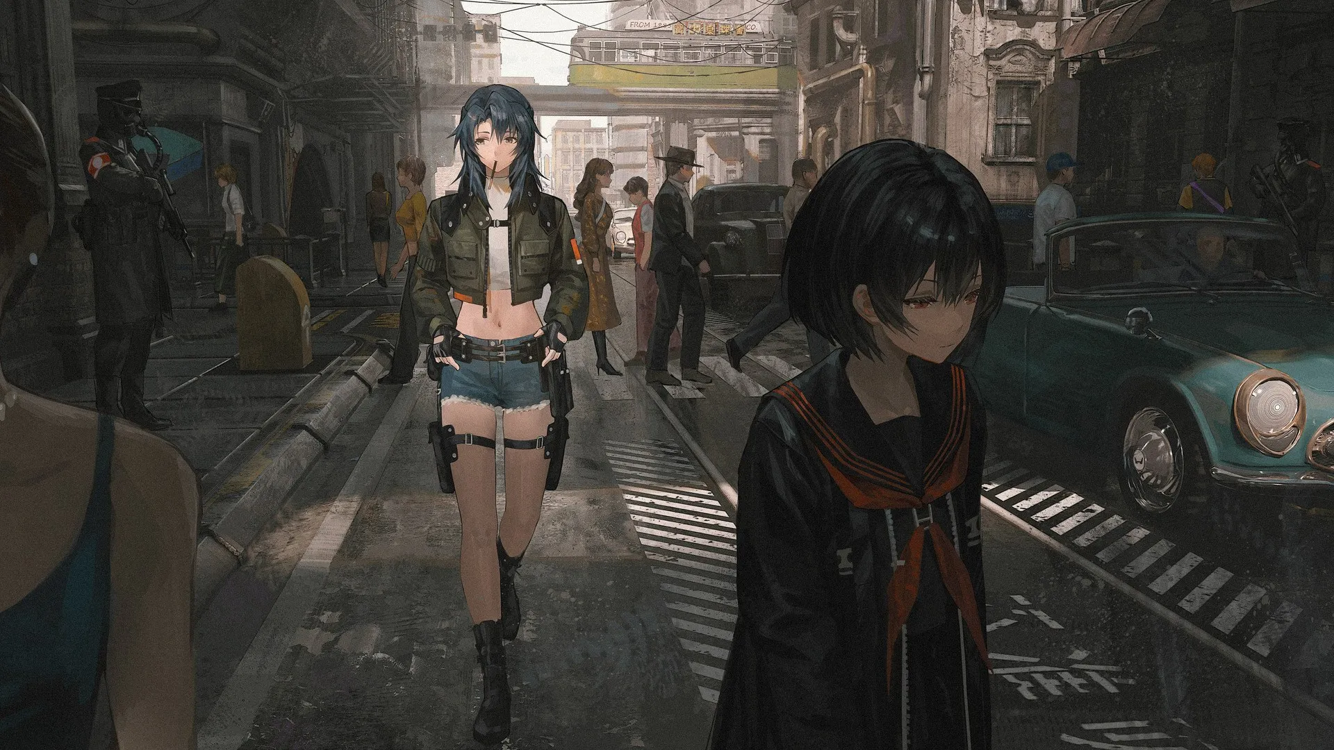 走路的女孩 把手放在口袋里 把目光移开 动漫 街道