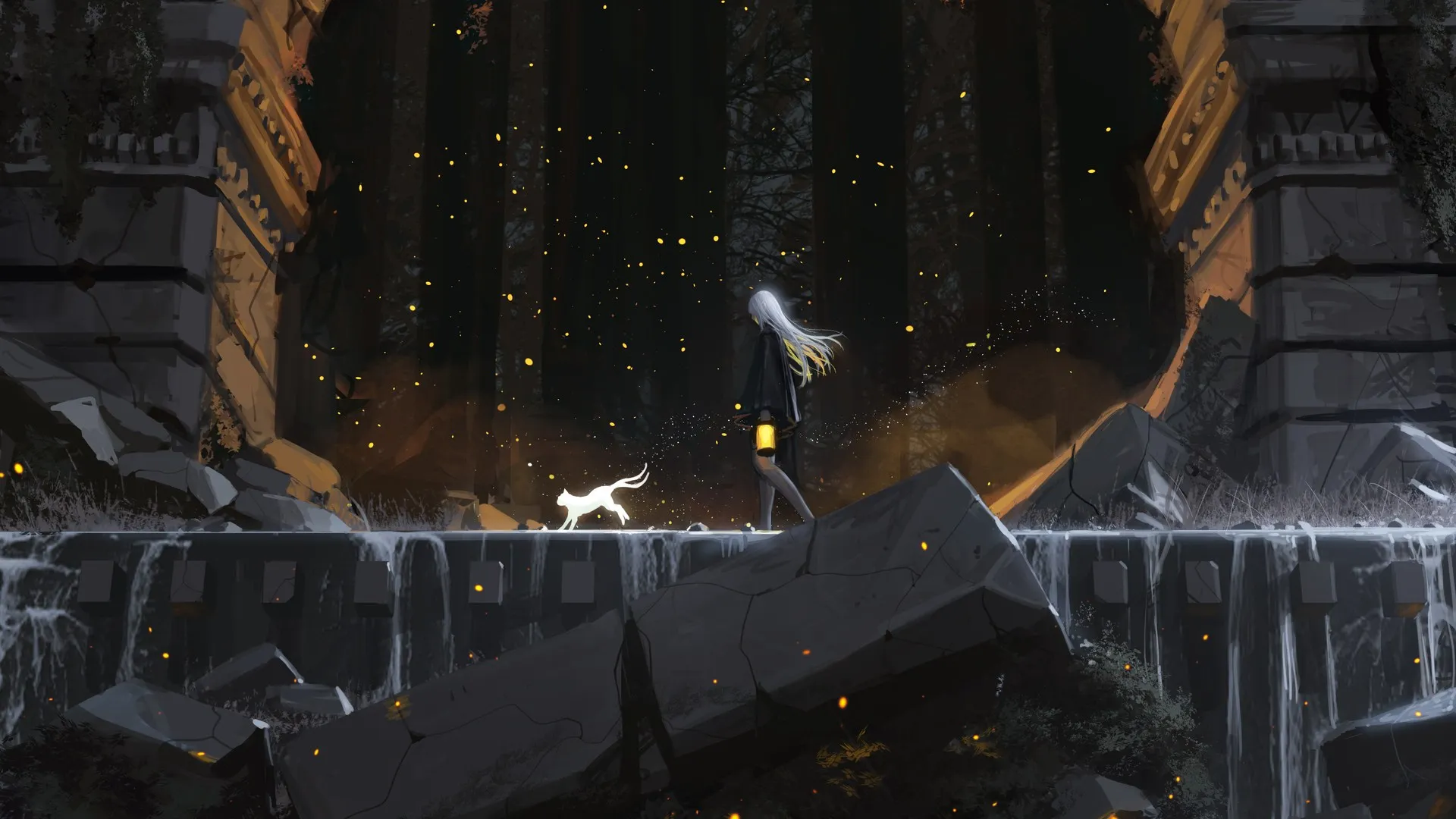 奇幻艺术 绘图 废墟 走路的女孩 概念艺术 猫