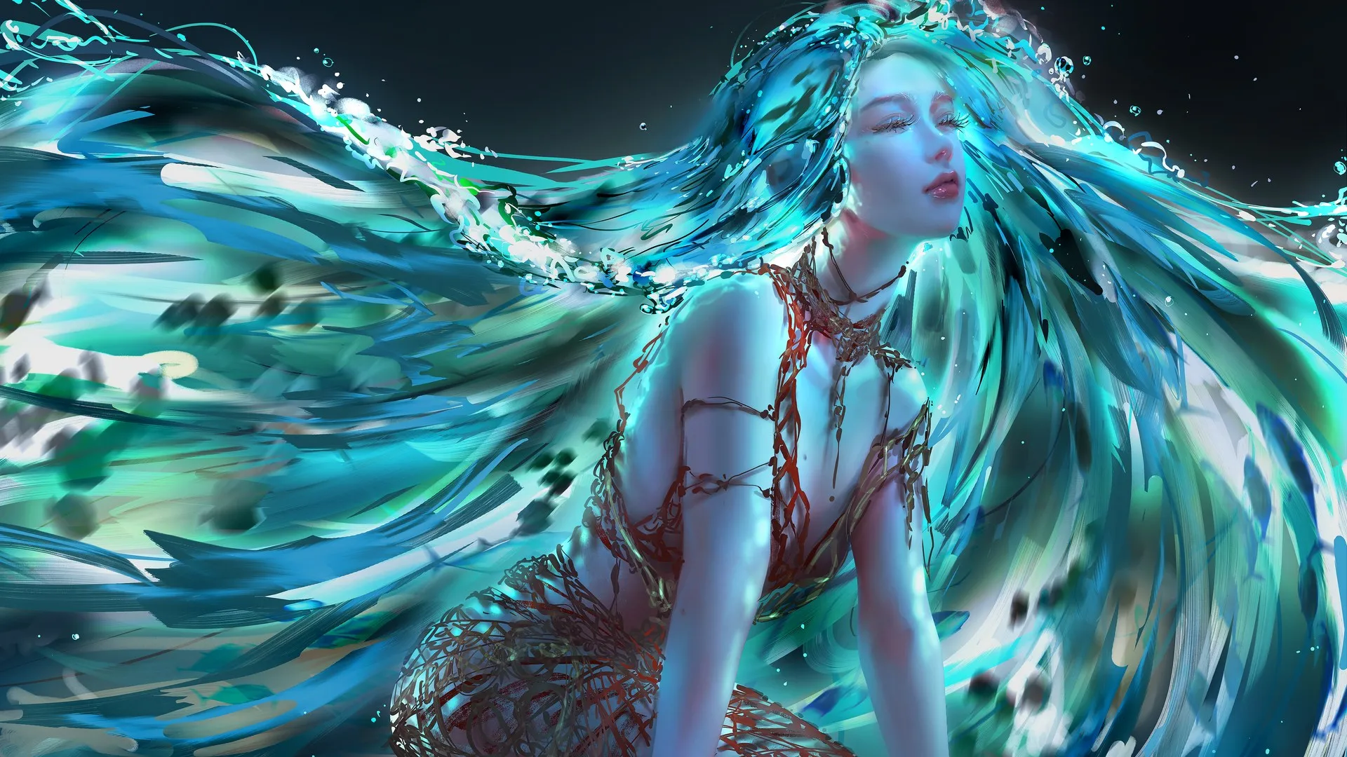 女人 幻想女孩 闭着眼睛 绿松石头发