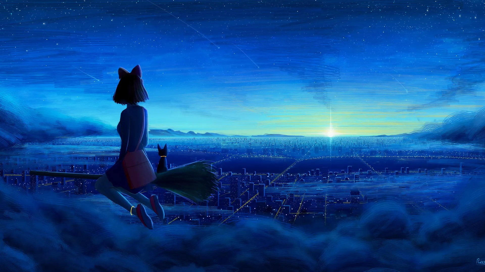 幻想女孩 黄昏 黑暗 云 动漫女孩 夜晚