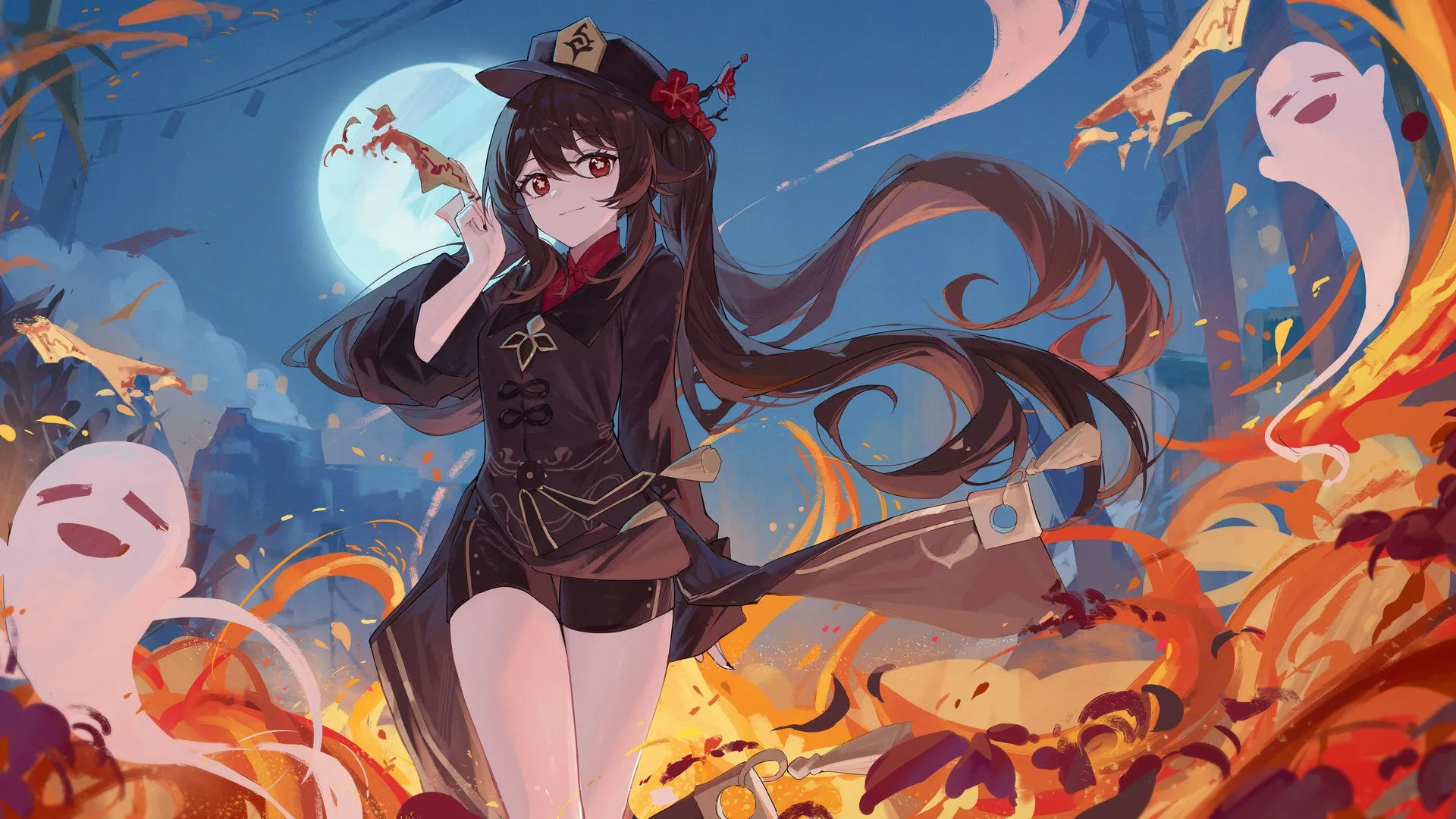 胡桃 原神 黑发 雅居 双尾 火 月亮 幽灵