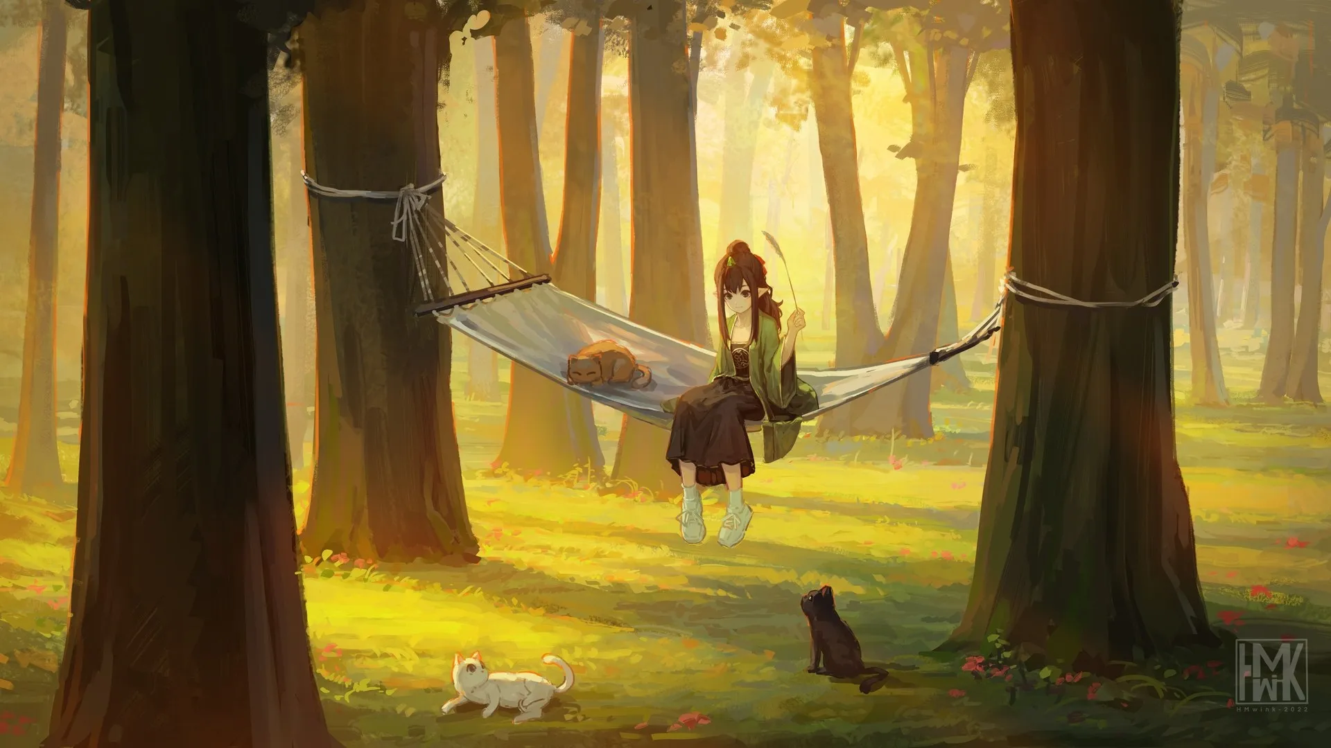 中国服装 吊床 动漫女孩 坐在林中吊床上