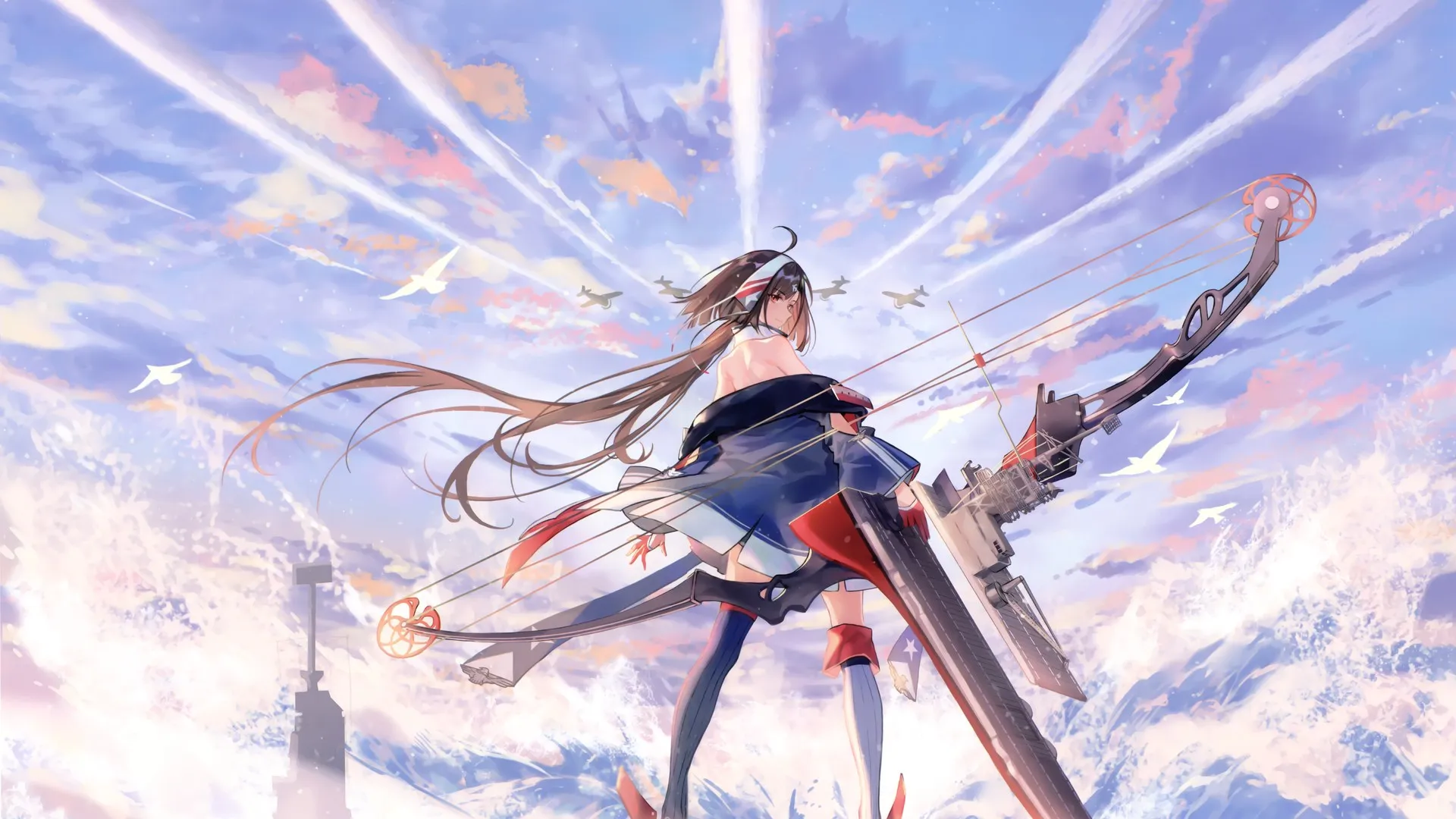 天空 云 动漫女孩 回头看 水 武器 鸟 飞机 电脑壁纸 4K壁纸