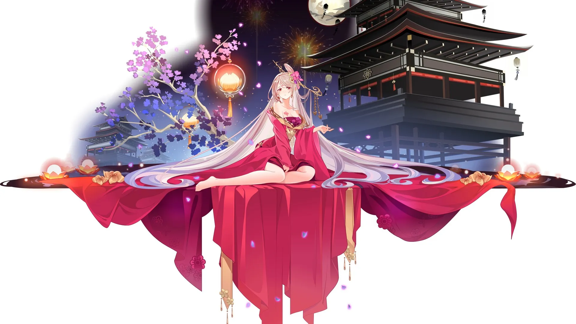 红眼睛 长发 中国服装 中国服装 动漫女孩 月亮 光环明星 电脑壁纸 4K壁纸