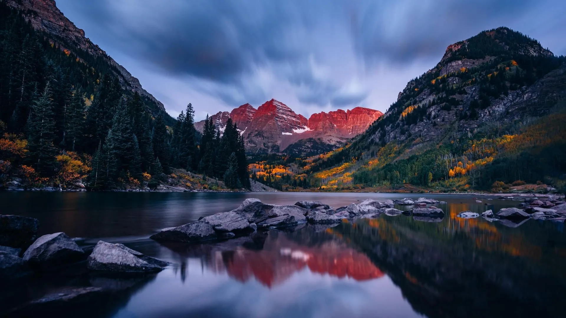 风景 山 湖 天空 日落 自然 松树 反射 长的 栗色的钟声 电脑壁纸 4K壁纸