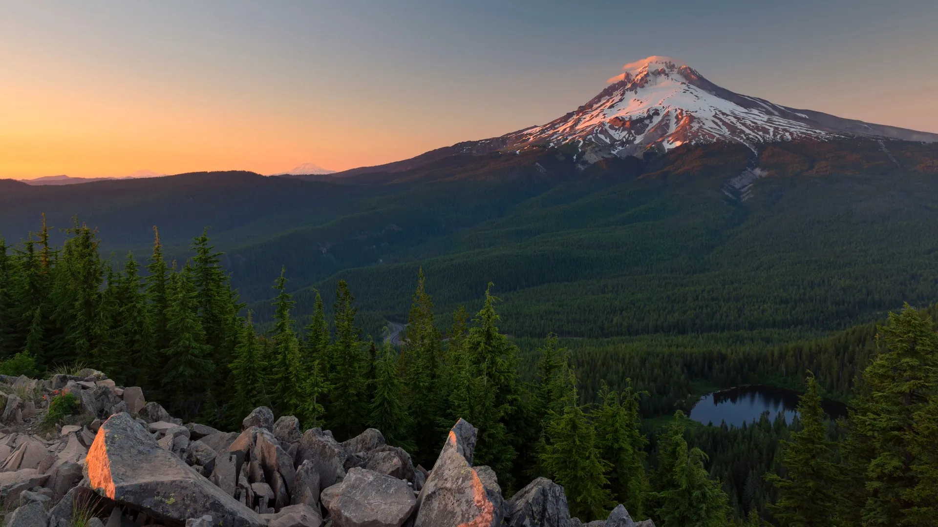 胡德山 日落 风景 湖 森林 俄勒冈州 电脑壁纸 4K壁纸
