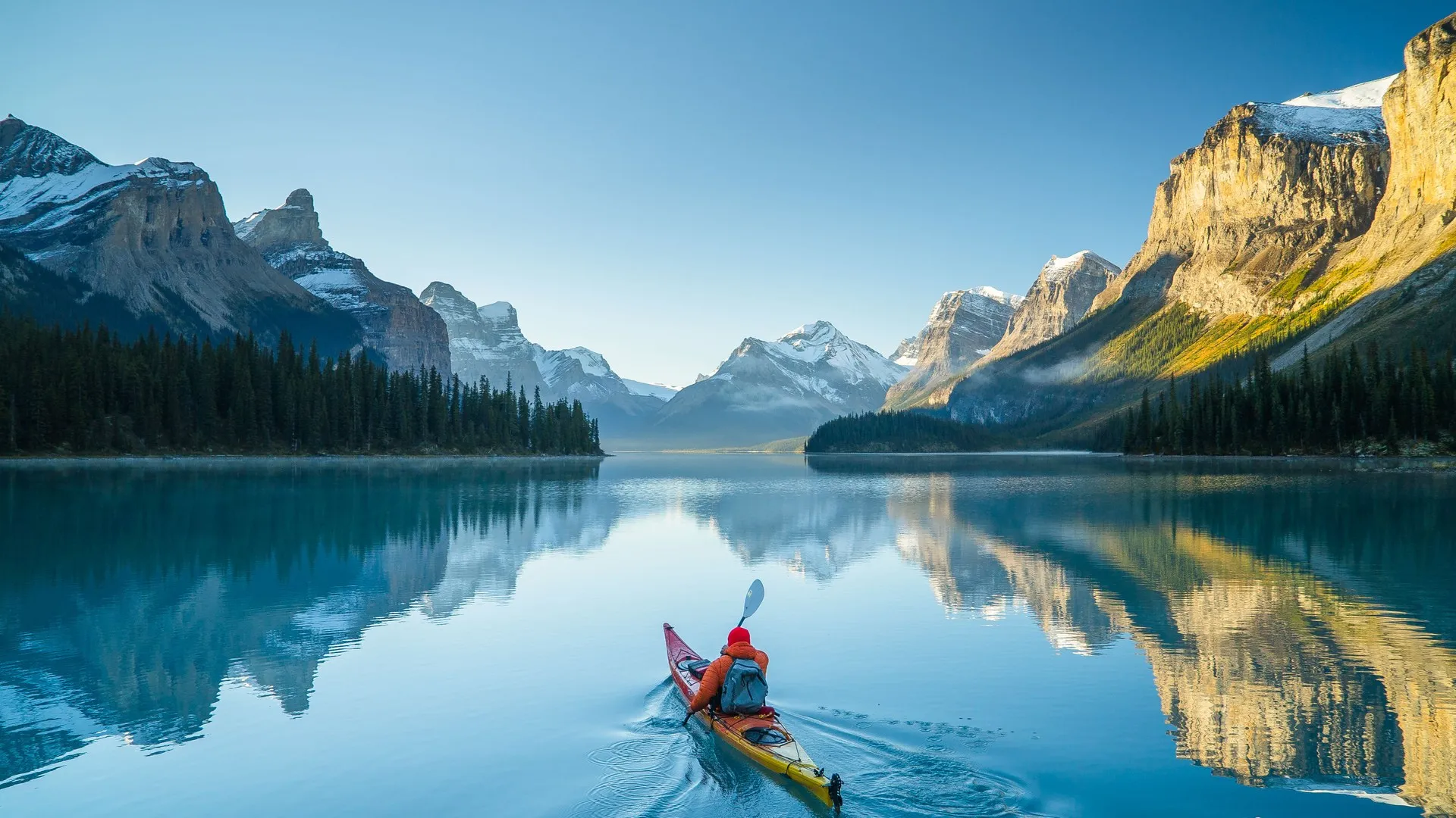 自然 水 山 雪 反射 独木舟 电脑壁纸 4K壁纸