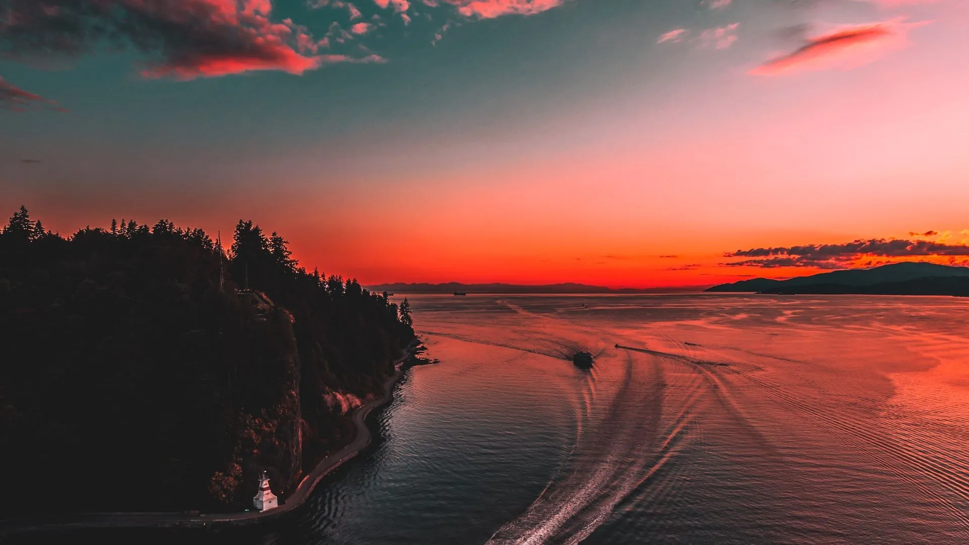 风景 自然 森林 树木 天空 加拿大温哥华 日落 船 手机壁纸 4K壁纸