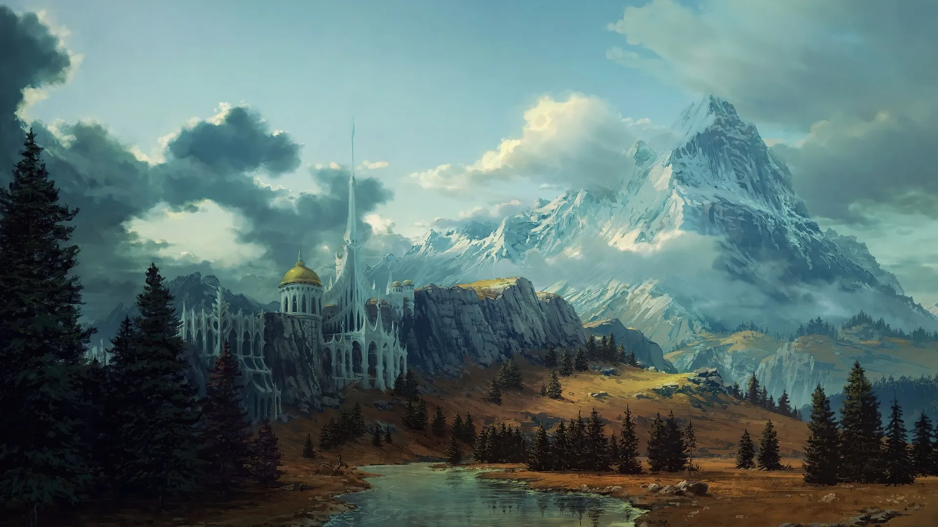 AI艺术 山 城堡 云 天空 树 电脑壁纸 4K壁纸