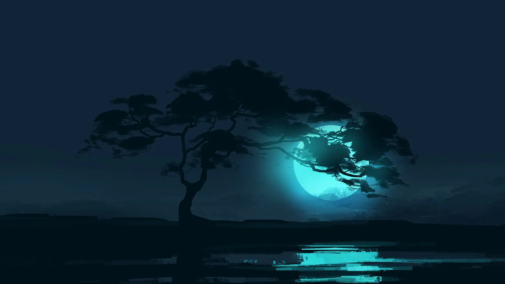 树木 风景 夜晚 月亮 月光 反射 极简主义 空间 稀树草原 电脑壁纸 4K壁纸