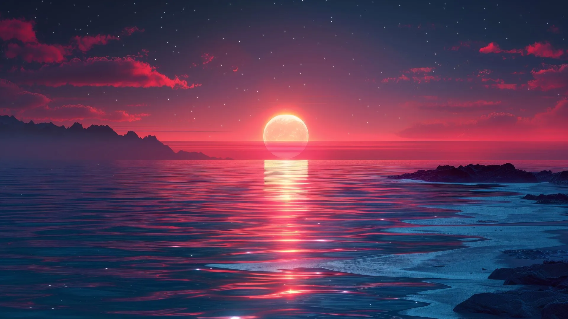 AI艺术 插图 合成波 日落 水 云 电脑壁纸 4K壁纸