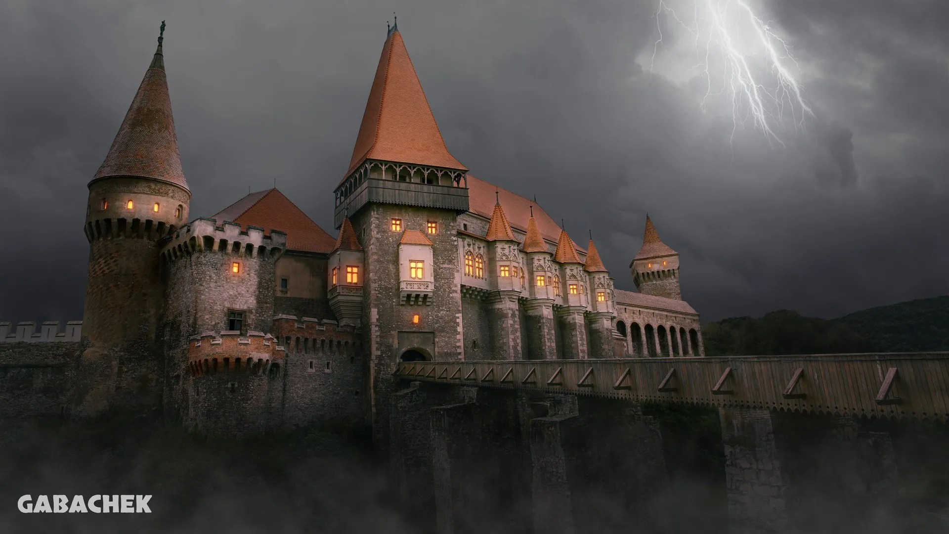城堡 建筑 森林 夜晚 自然 闪电 云 塔 桥 数字艺术 罗马尼亚 电脑壁纸 4K壁纸