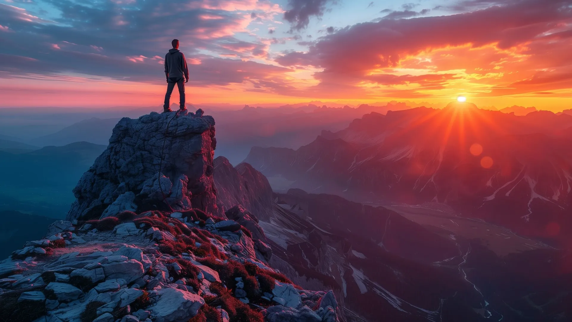 站立 人工智能艺术 剪影 山顶 山景 日落 日出 云 山 电脑壁纸 4K壁纸