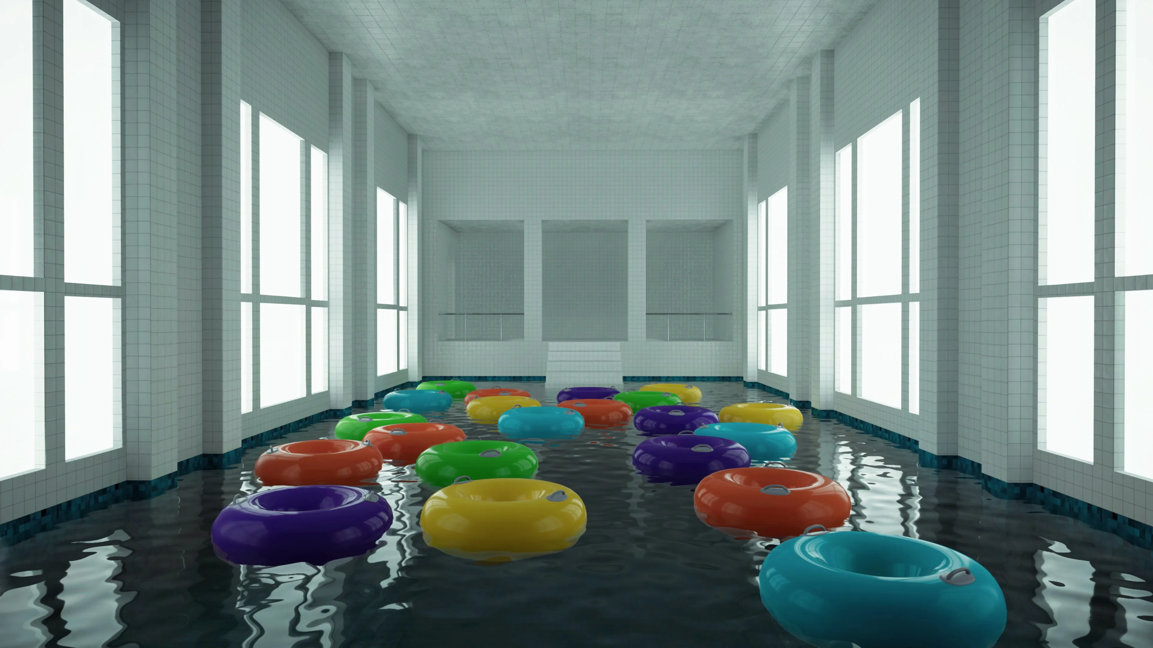 后台 室内 空间 漂浮物 游泳池 水 CGI 游泳圈 4K壁纸