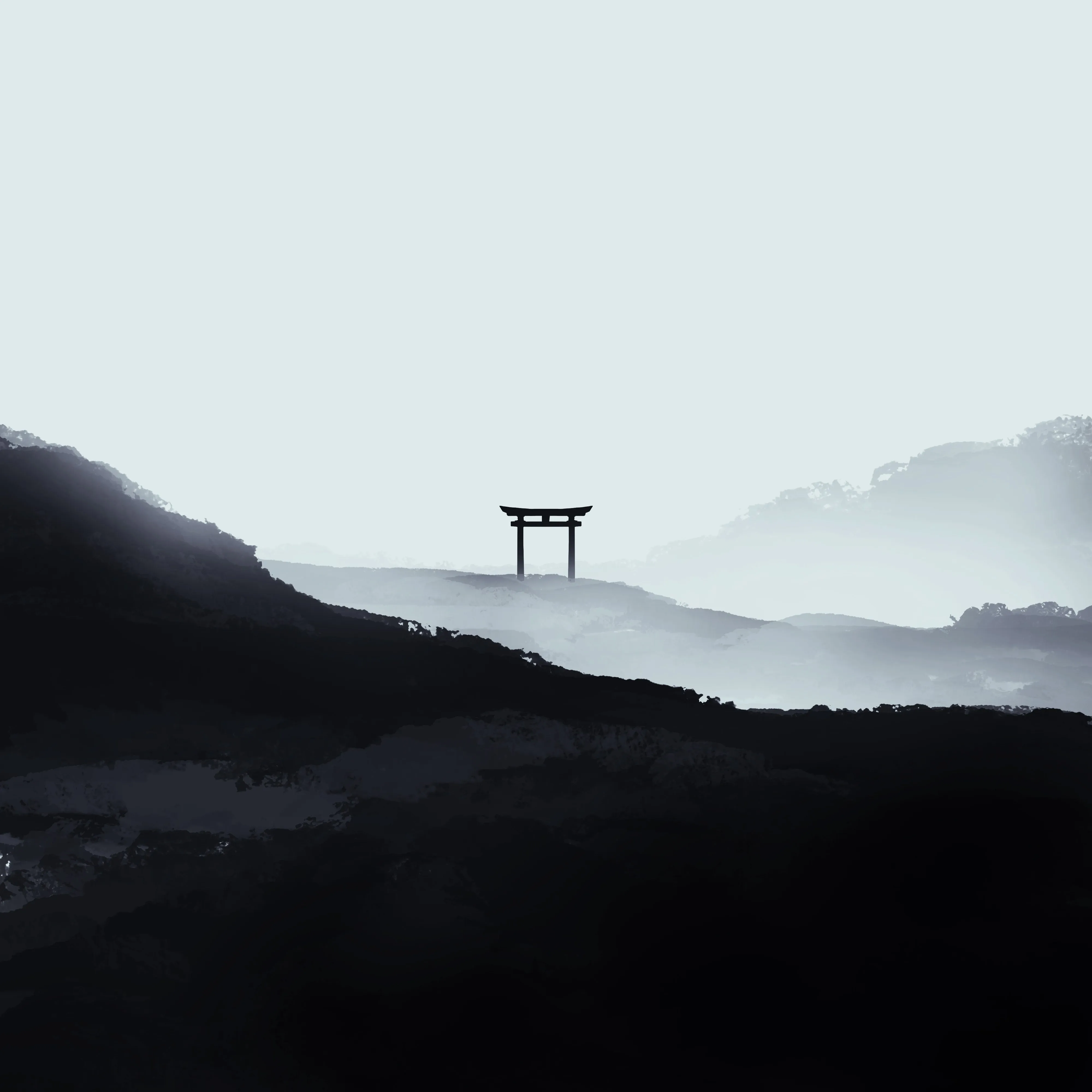 数字艺术 艺术品 插图 风景 单色 极简主义 鸟居 山脉 数字 绘画 手机壁纸 4K壁纸