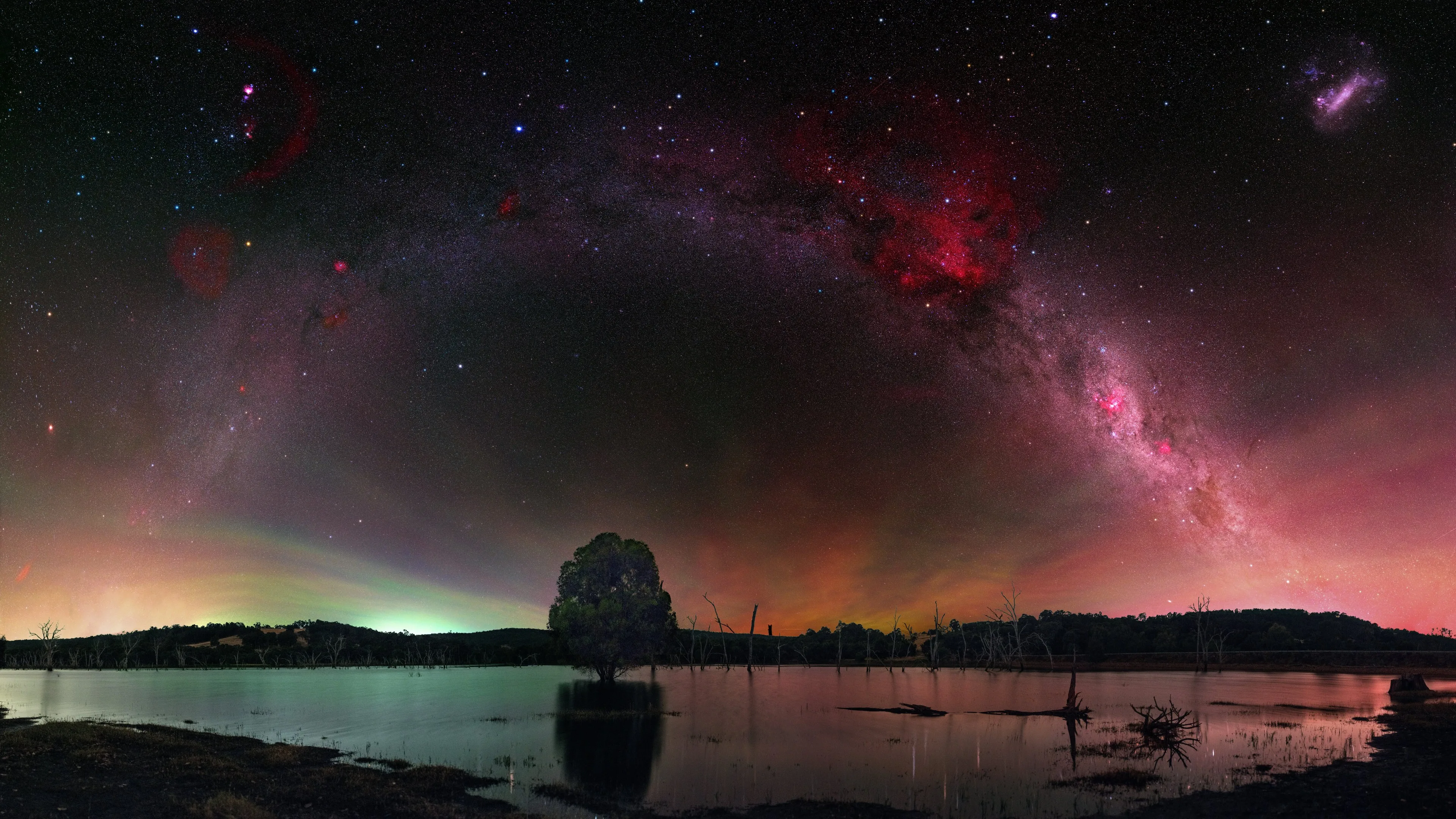 自然 景观 天空 树木 湖泊 水 夜 植物 星星 空间 狂欢 银河系 4K壁纸