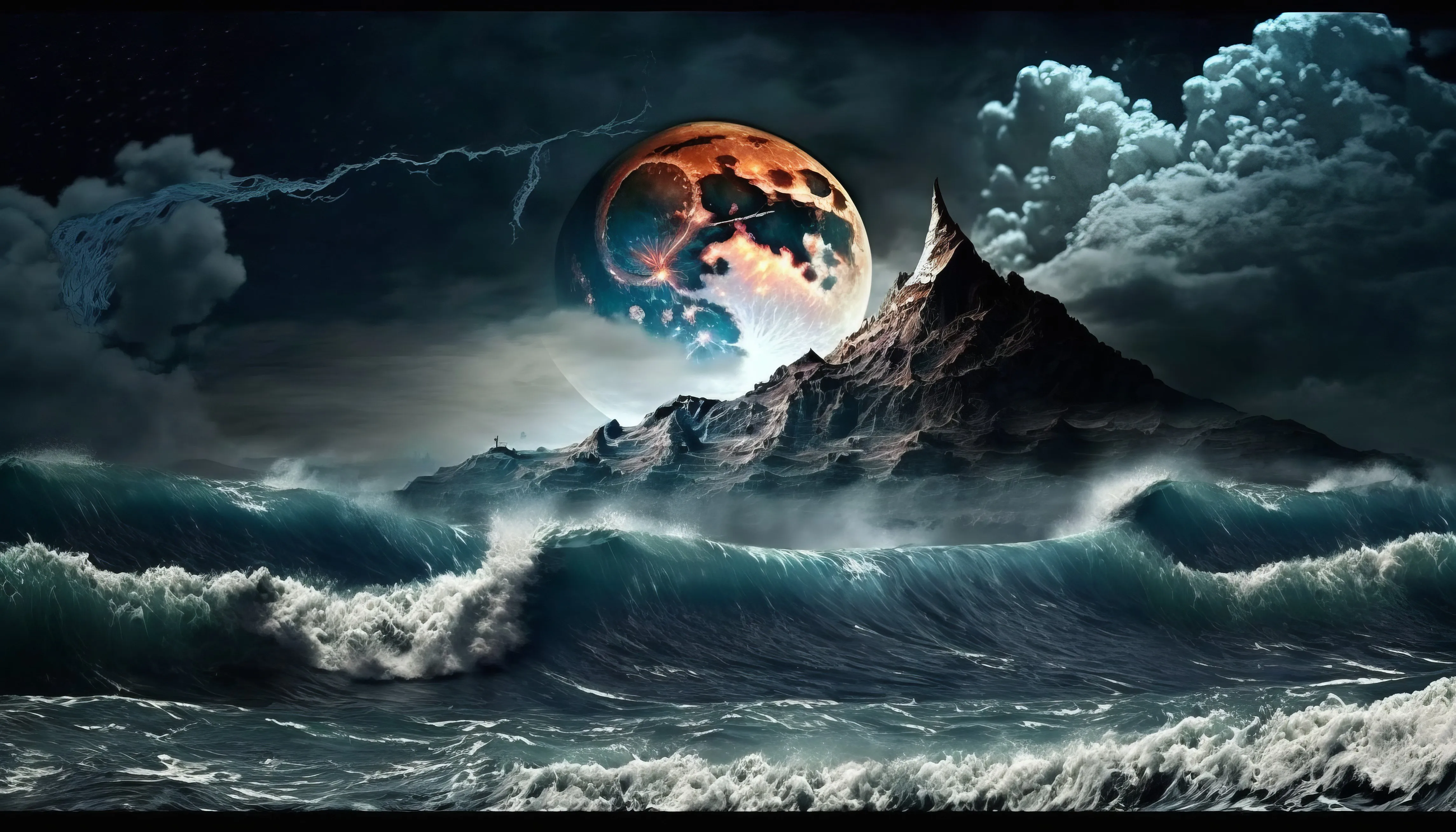 AI艺术 插图 月亮 波浪 海 山 云 水 电脑壁纸 4K壁纸