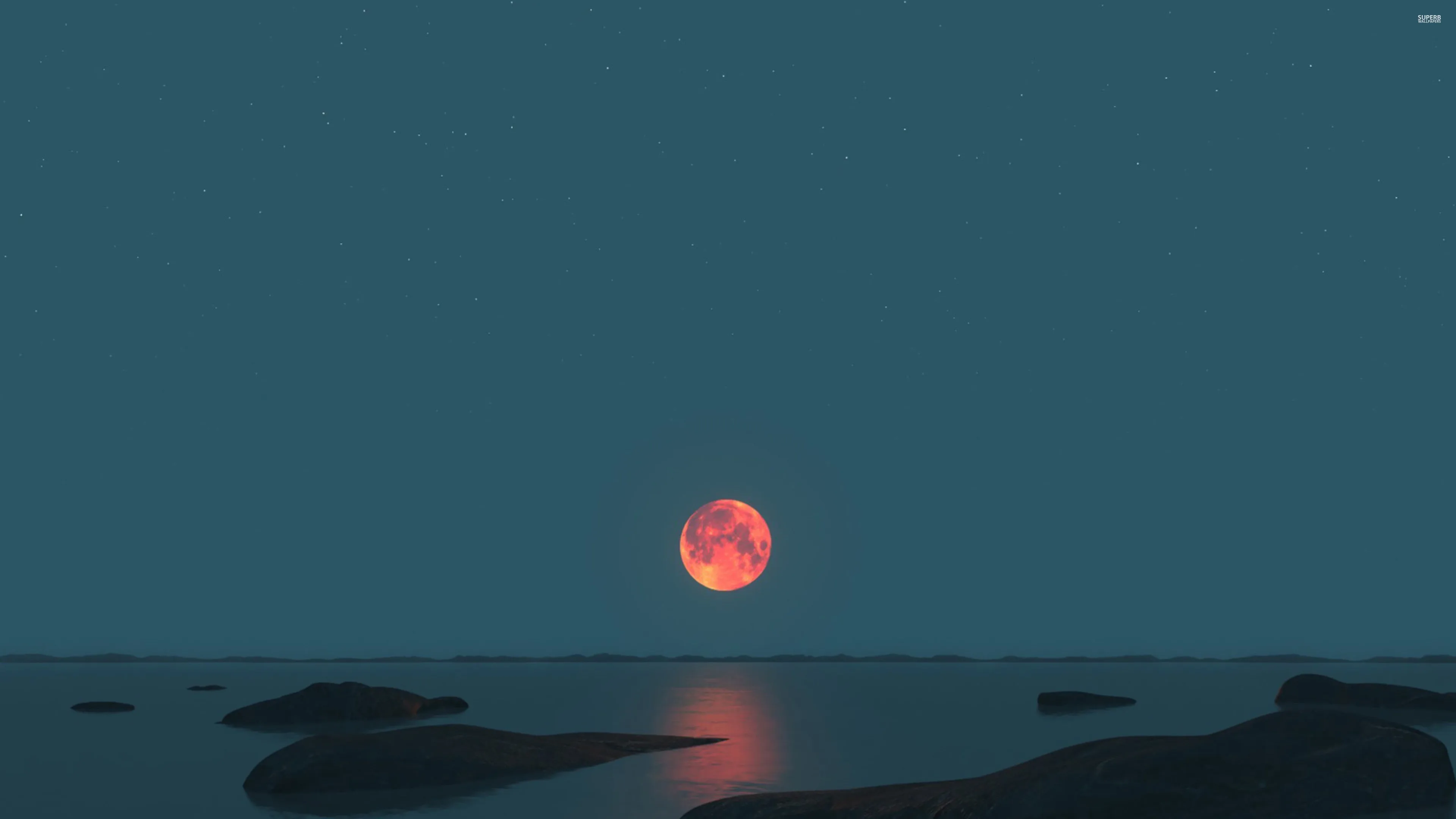 月光 海洋 自然 水 天空 红月 满月 4K壁纸