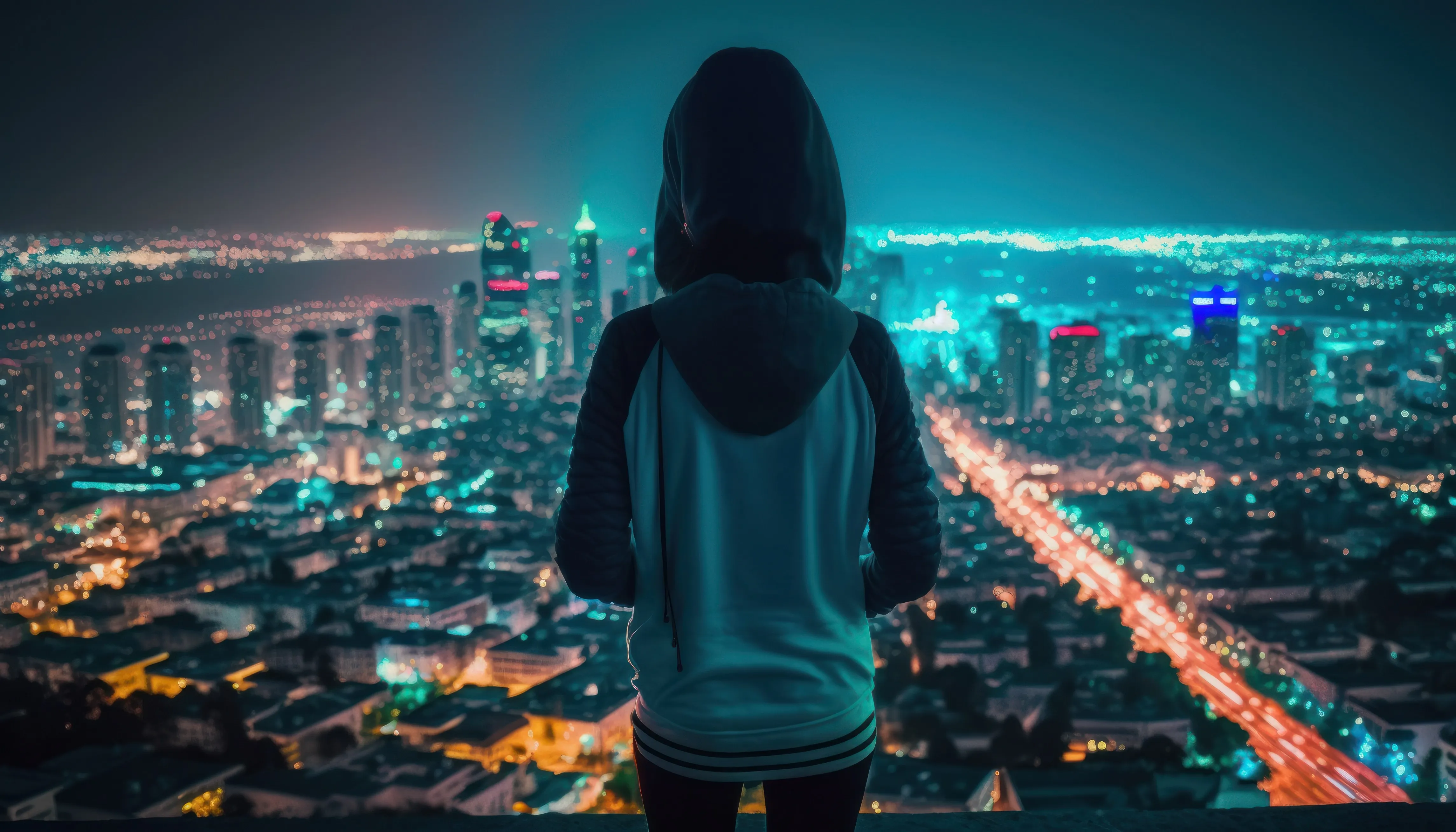 女性 艺术 城市 天际线 夜晚 城市灯光 青色 城市景观 引擎盖 4K壁纸