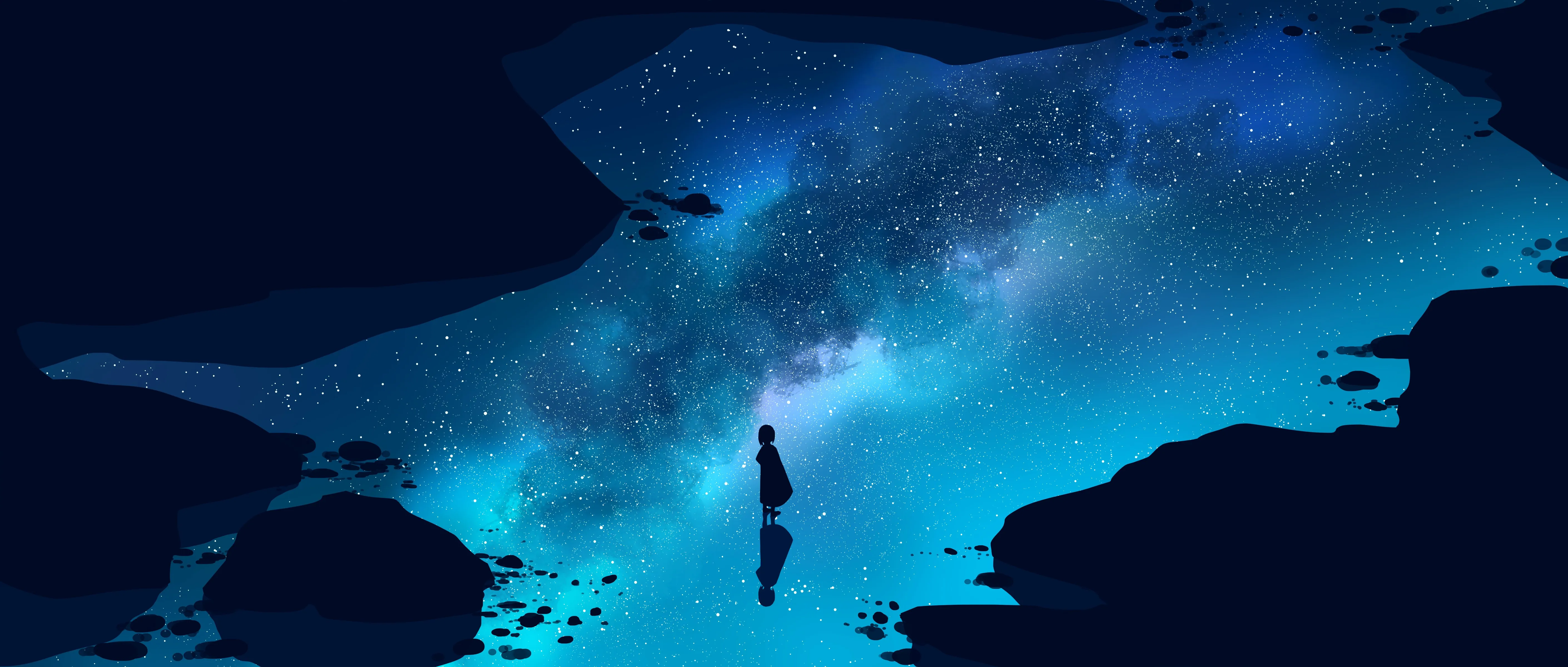 优雅 动漫 天空 女孩 星星 星景 简单背景 极简主义 4K壁纸