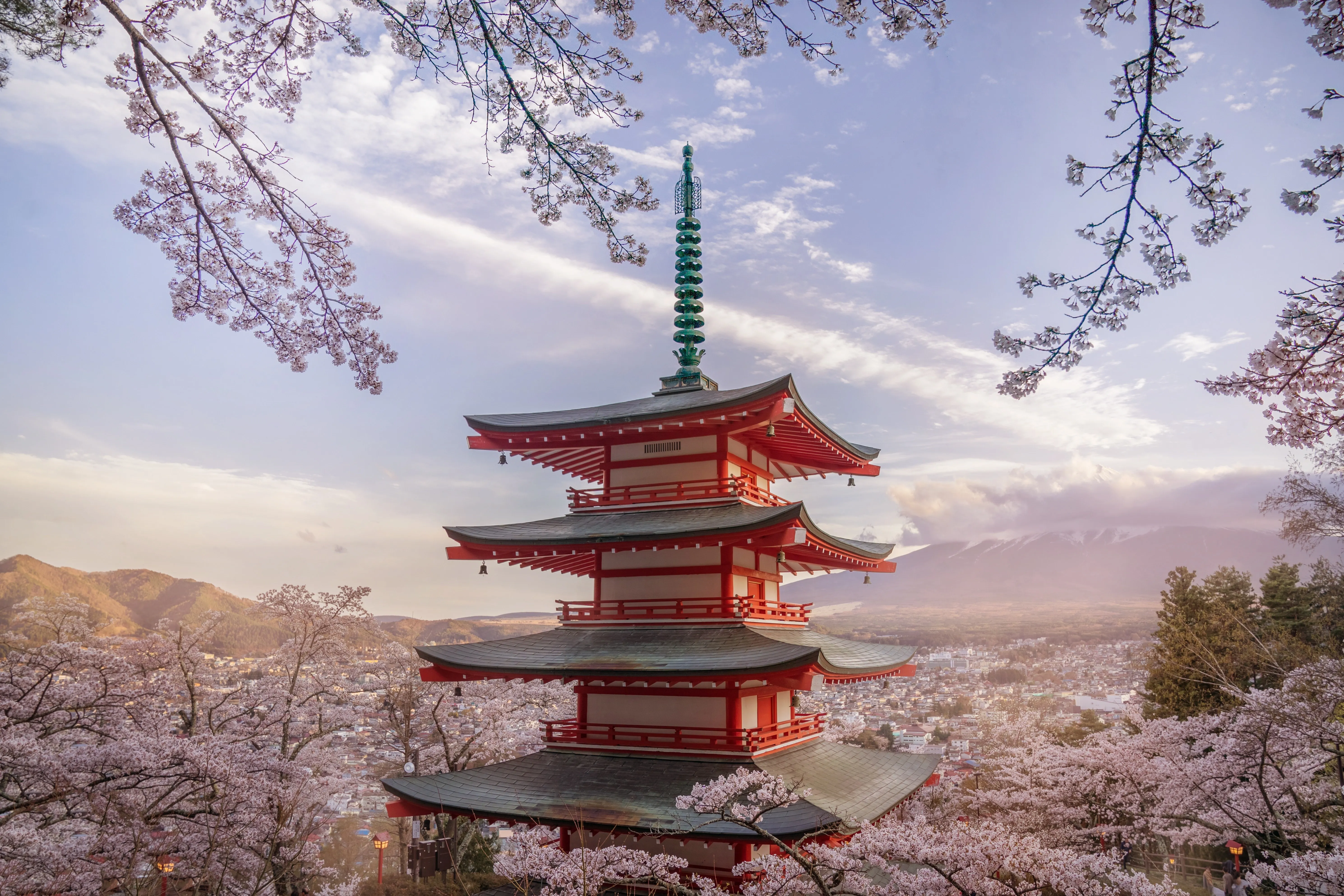 摄影 风景 樱花 花 自然 山 云 宝塔 建筑 4K壁纸