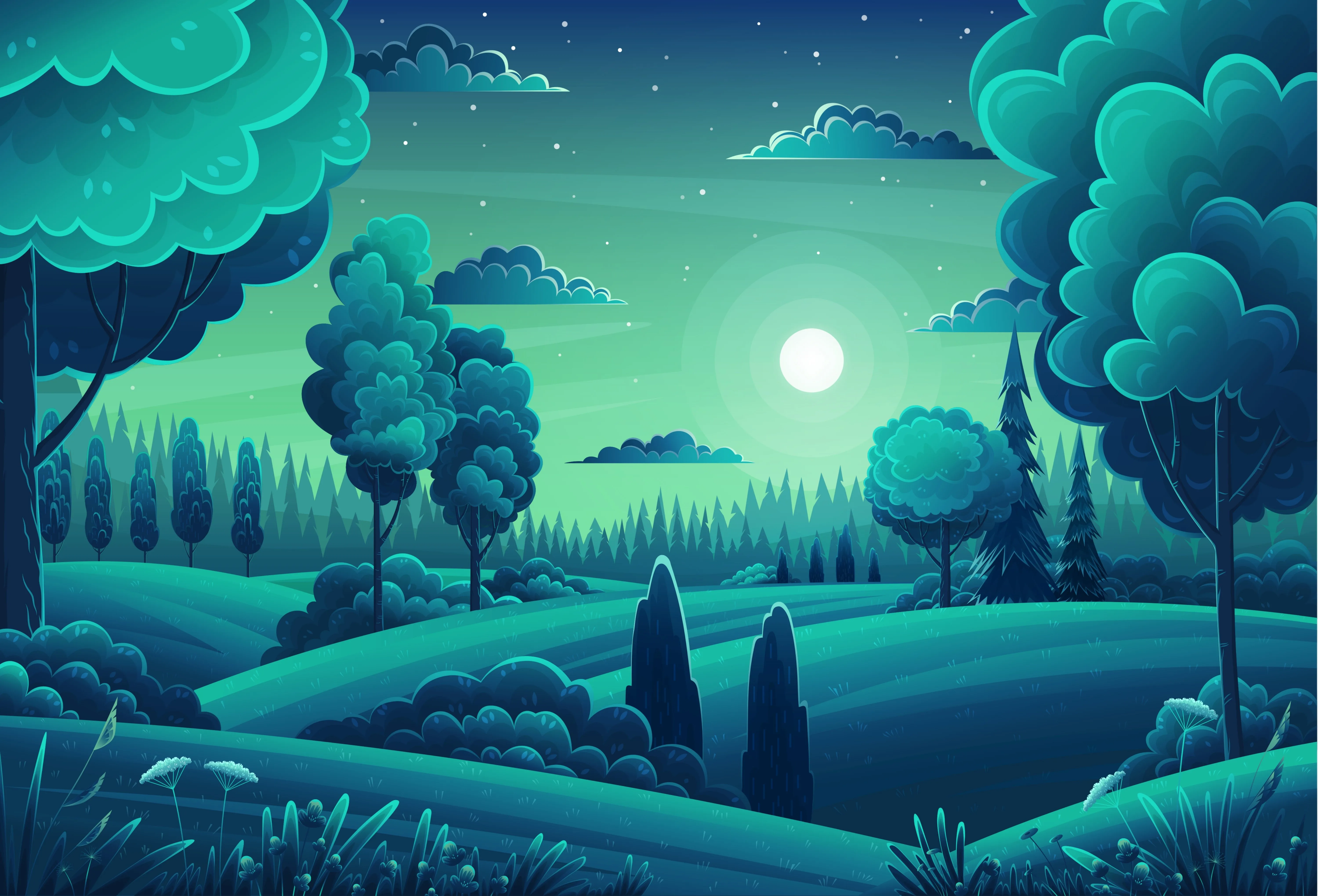 图片 矢量 森林 小山 树木 月亮 夜晚 风景 绿色 天空 云 卡通 星星 花 月光 AI艺术 4K壁纸