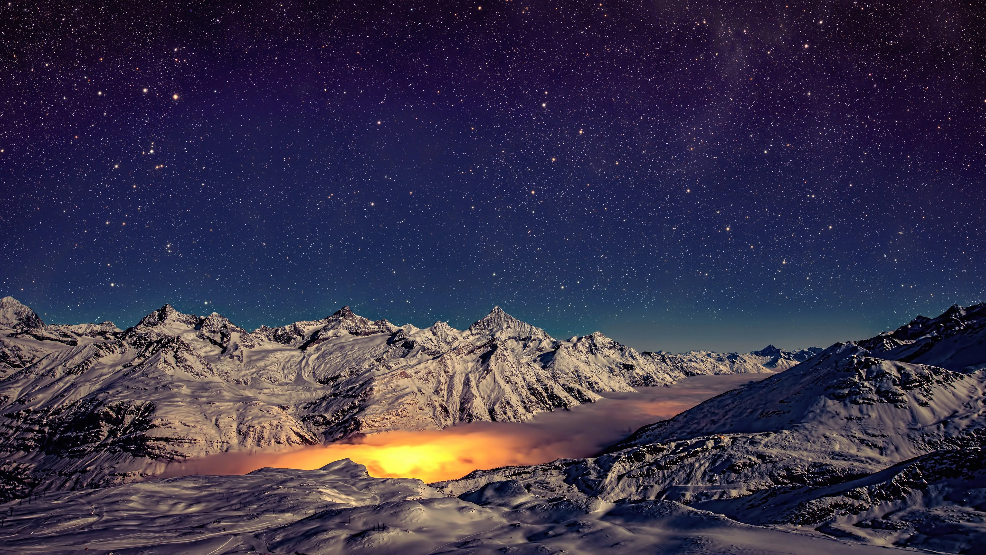 风景 自然 山脉 全景 夜晚 星星 雪 长相 薄雾 4K壁纸