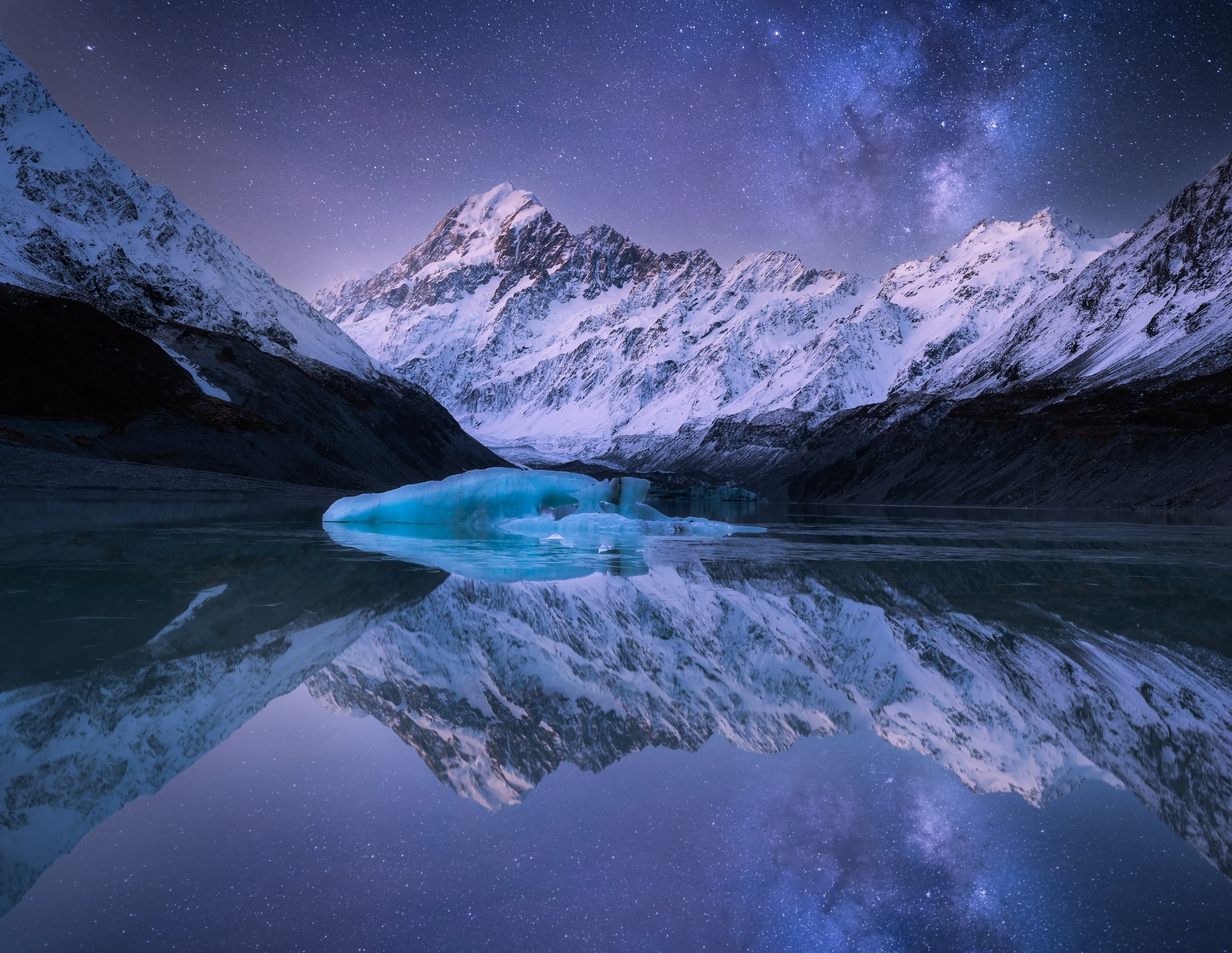 风景 自然 摄影 山 天空 夜 夜景 星星 倒影 雪 山 冰 4K壁纸