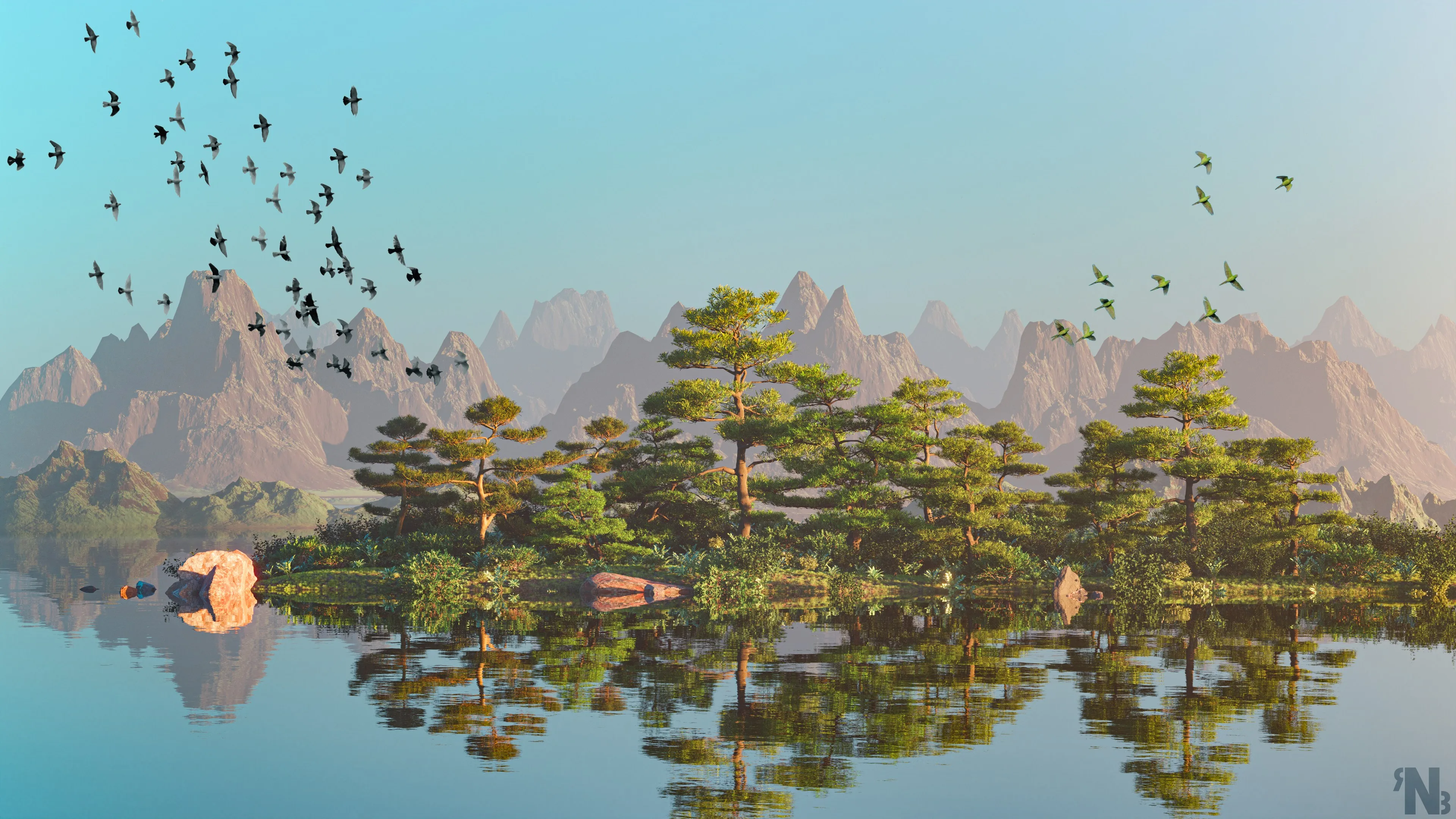 山 湖 树 鸟 4K壁纸