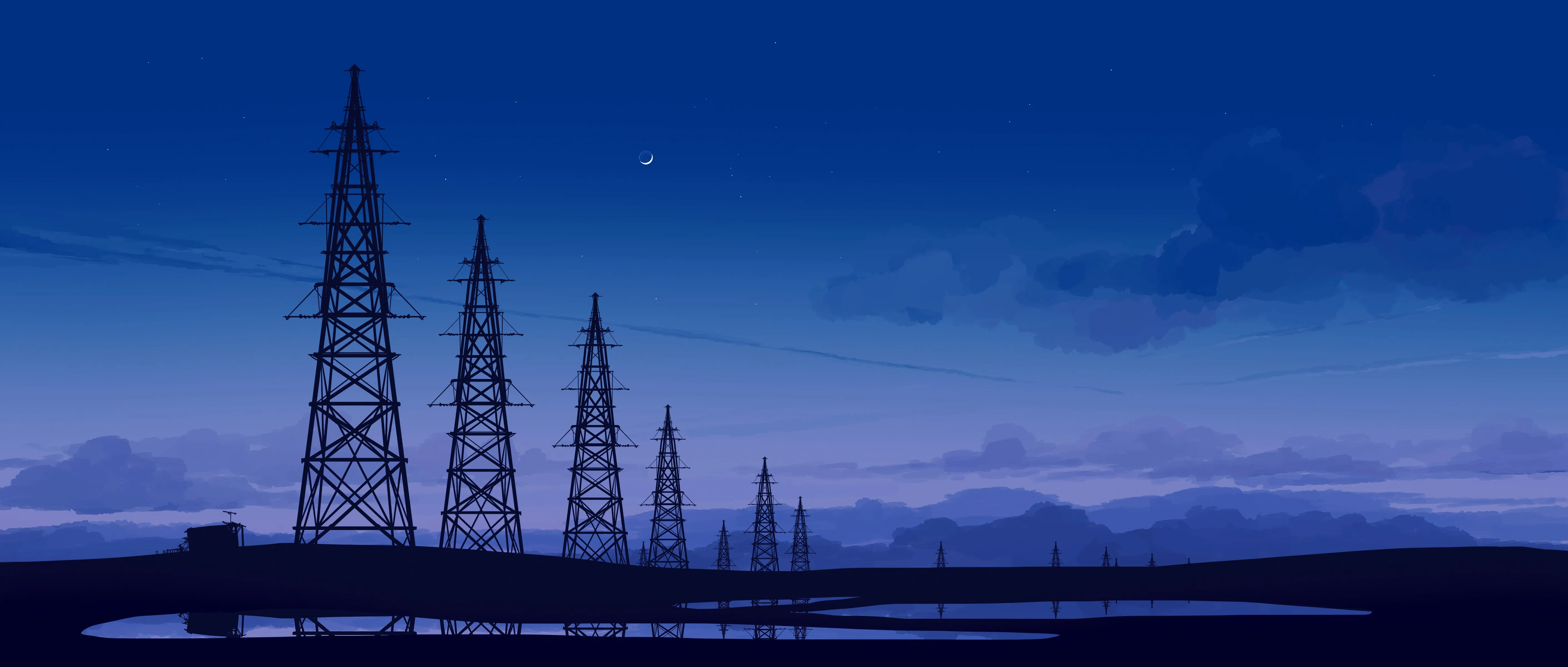 优雅 AI艺术 图片 插图 素描 风景 夜晚 夜景 倒影 云 月亮 4K壁纸