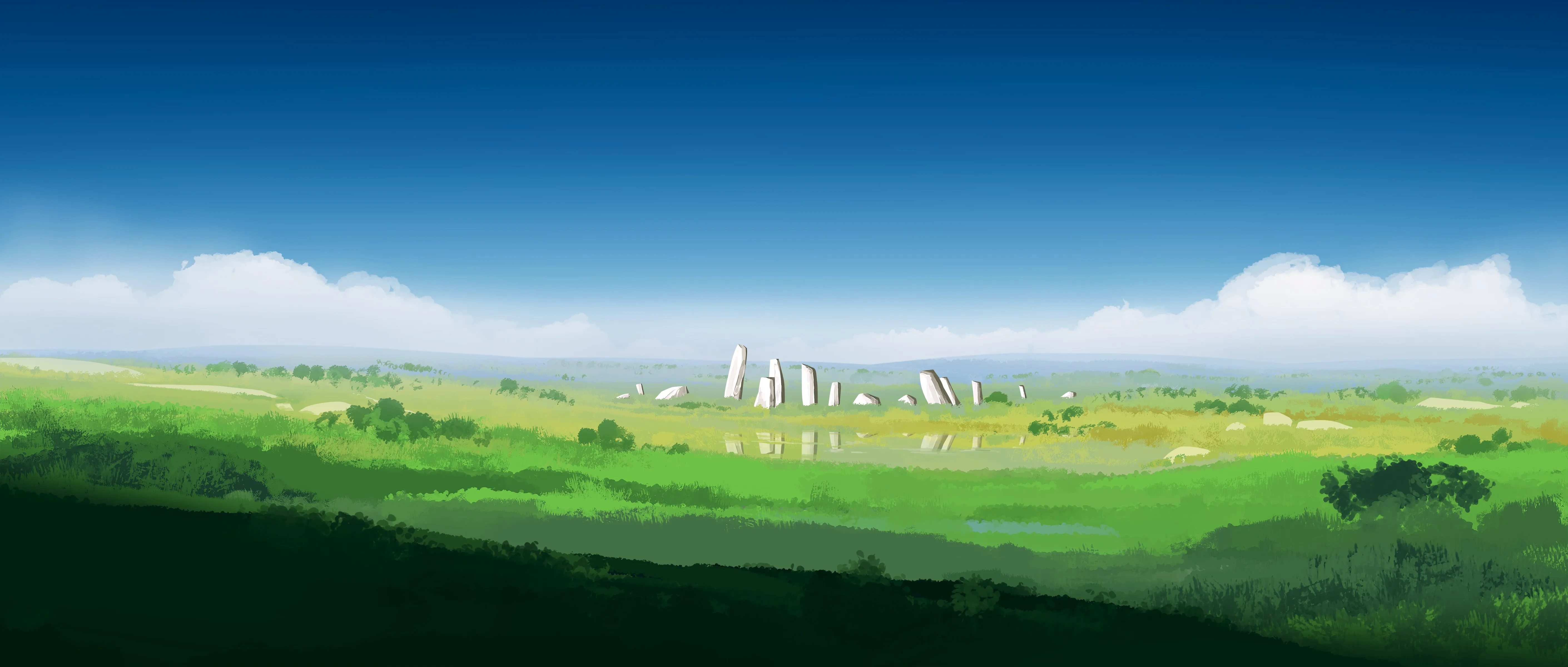 优雅 AI艺术 图片 插图 环境 风景 田野 云 绿色 宽屏 天空 草地 4K壁纸