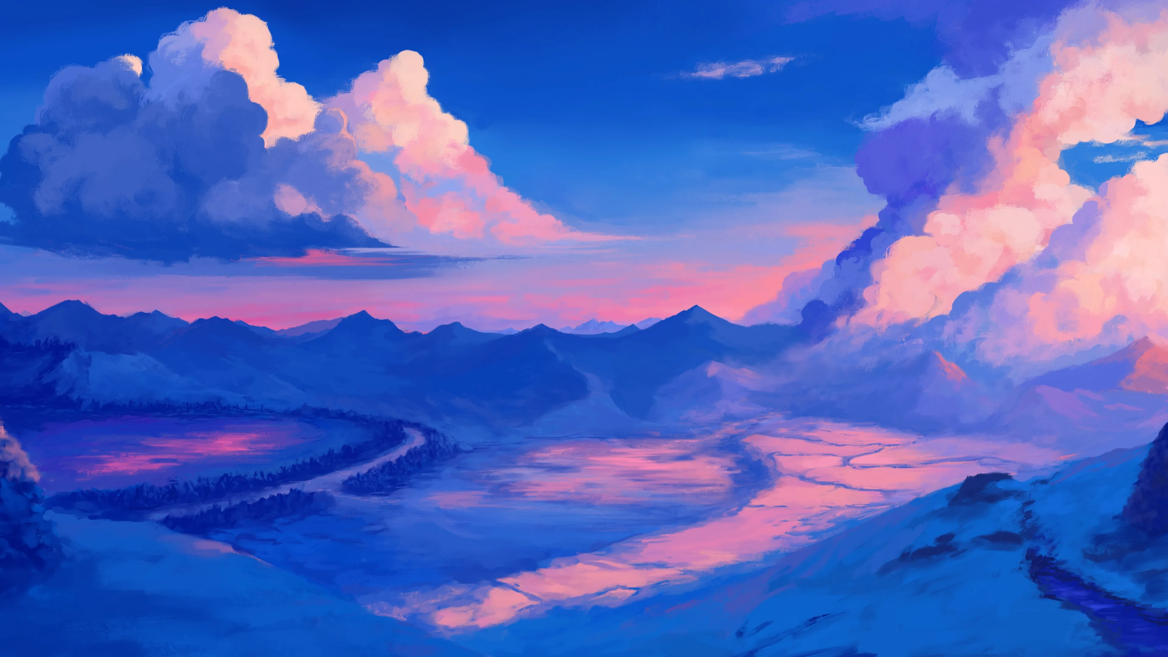 数字艺术 插图 数字绘画 风景 自然 蓝色 云山 4K壁纸