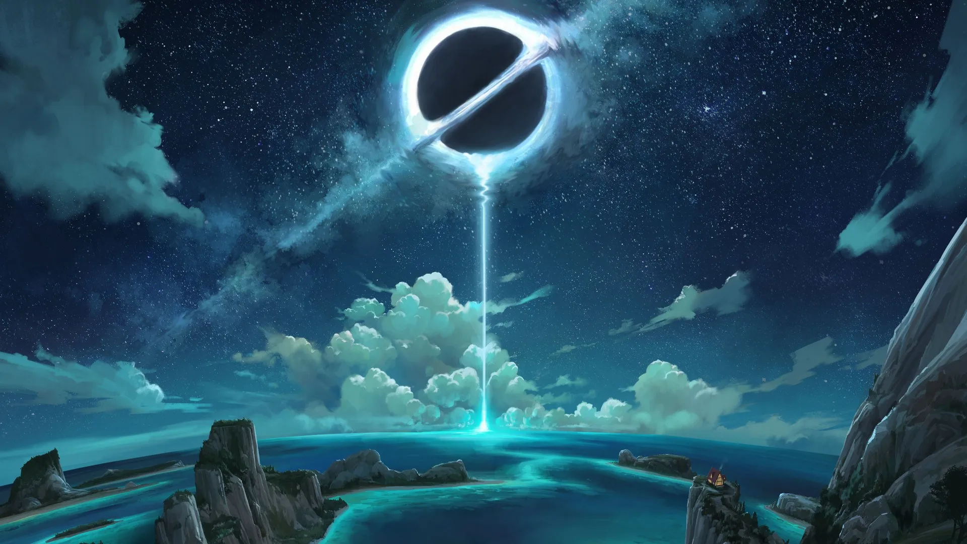 AI艺术 插图 自然 风景 夜 夜景 云 星星 黑洞 海滩 海 水 悬崖 房子 天空