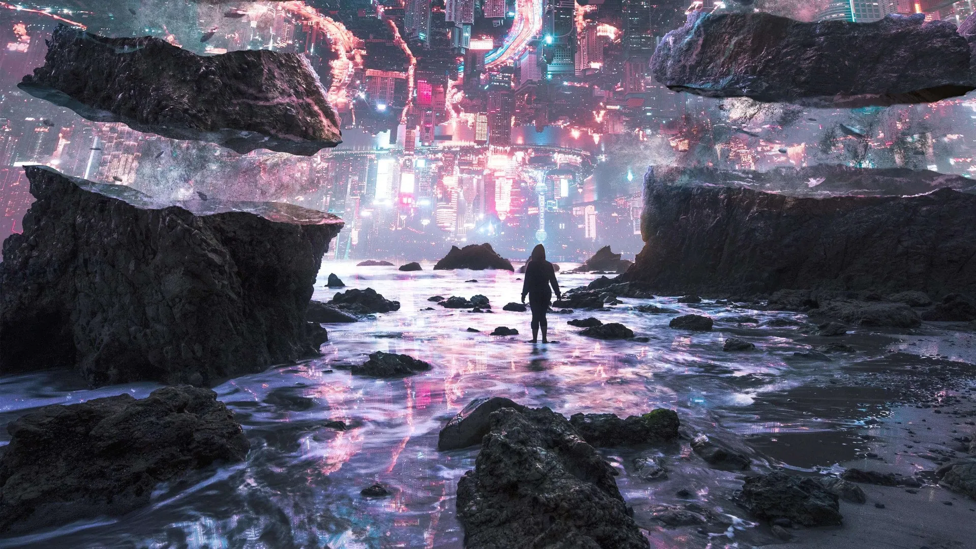 妇女 AI艺术 城市 岩石 海 幻想艺术 颠倒 超现实 未来主义 赛博朋克 电脑壁纸 4K壁纸