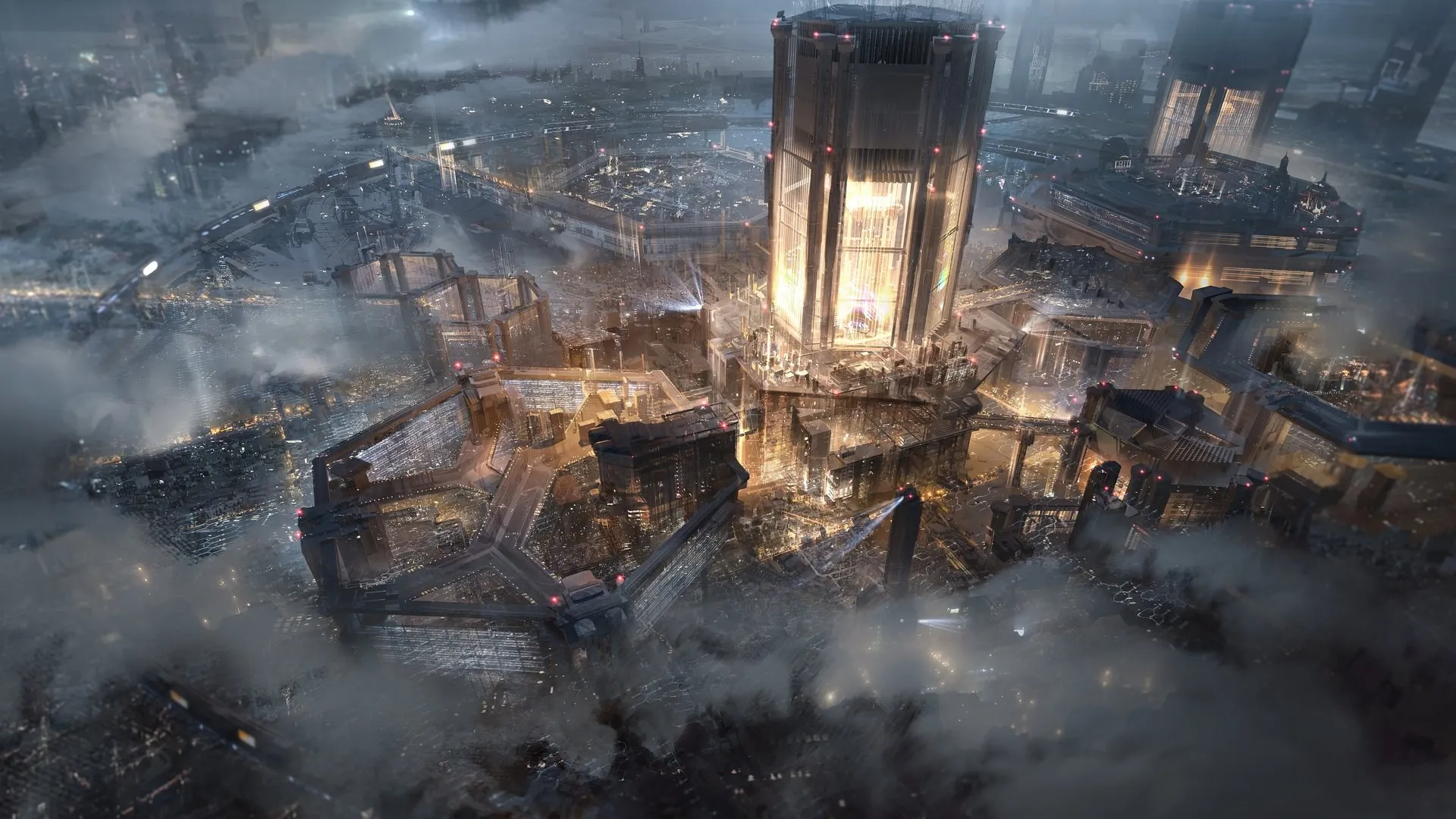 建筑 夜 雾 灯光 未来主义城市 五角形 电脑壁纸 4K壁纸