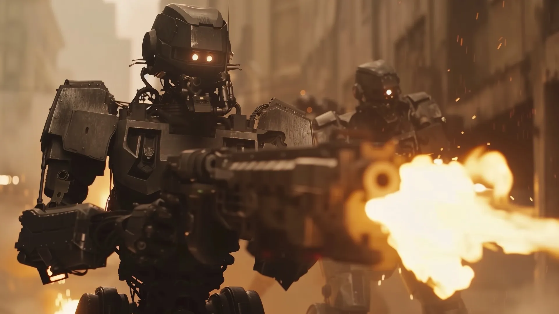 AI艺术 机器人 火 射击 枪 战争 电脑壁纸 4K壁纸